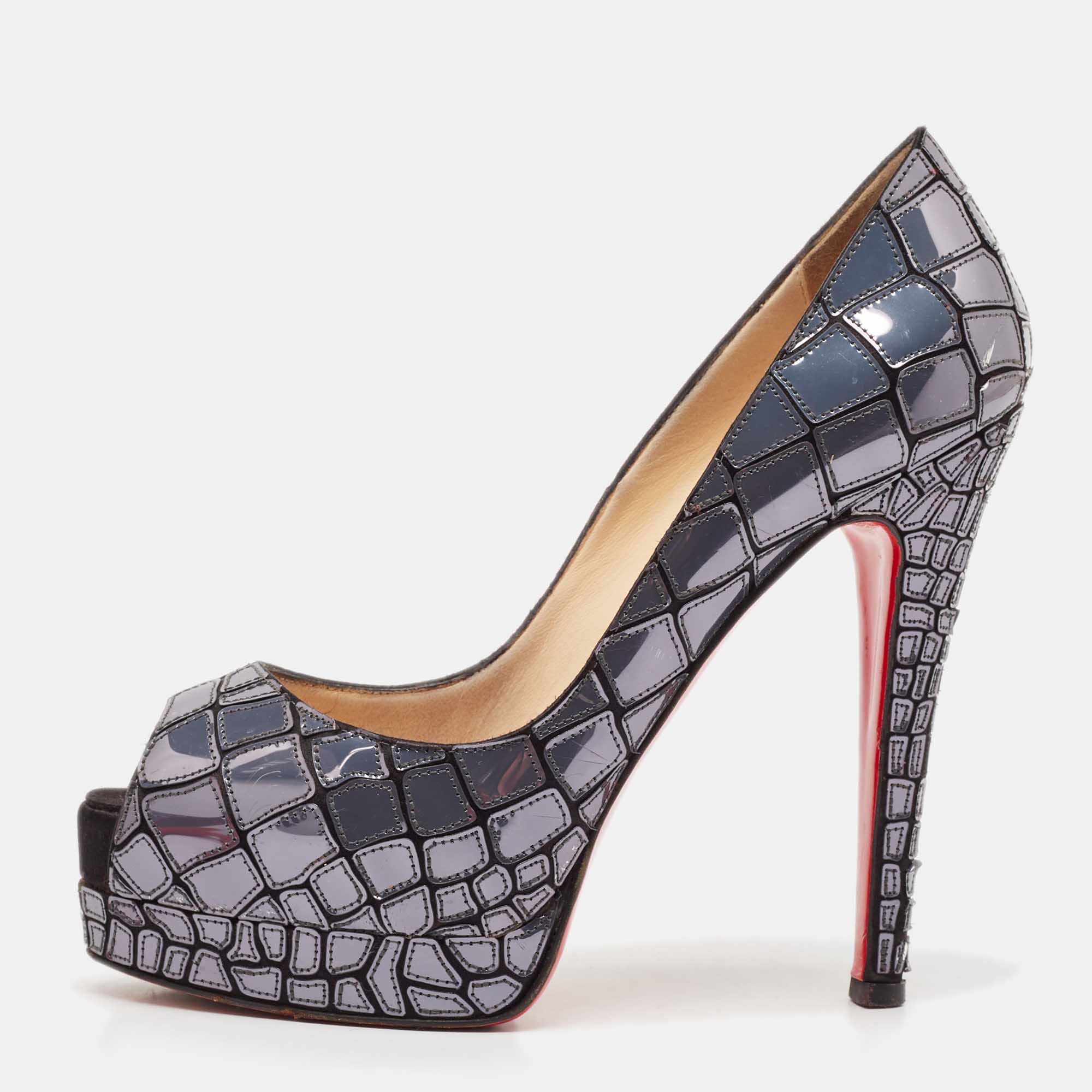 

Christian Louboutin Slate Grey/Black Patent and Satin Mosaic Sobek Platform Pumps Size