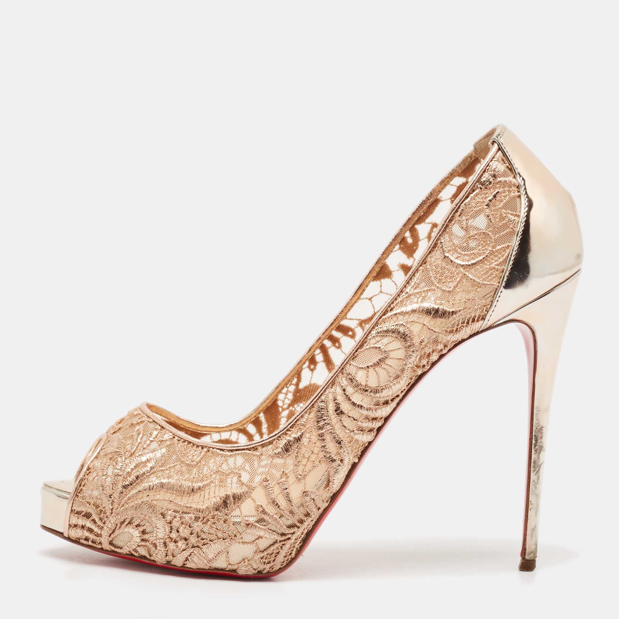 

Christian Louboutin Beige Floral Lace and Leather Lady Peep Toe Platform Pumps Size