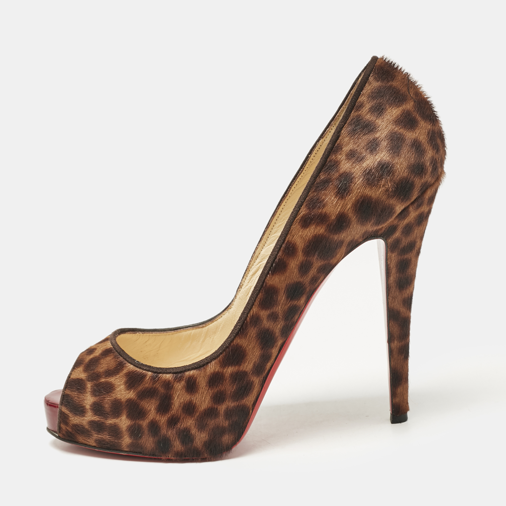 

Christian Louboutin Brown Leopard Print Calf Hair Dorispiky Peep Toe Pumps Size