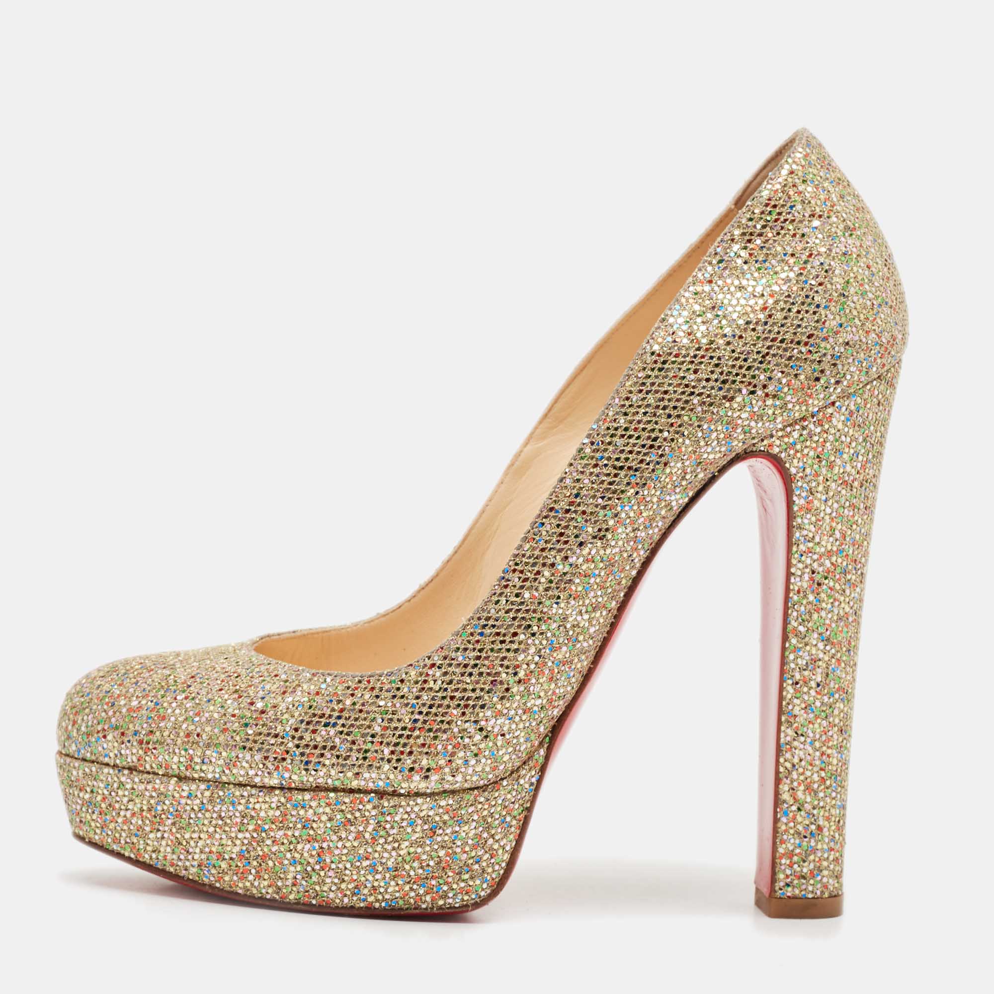 

Christian Louboutin Multicolor Coarse Glitter Bibi Platform Pumps Size