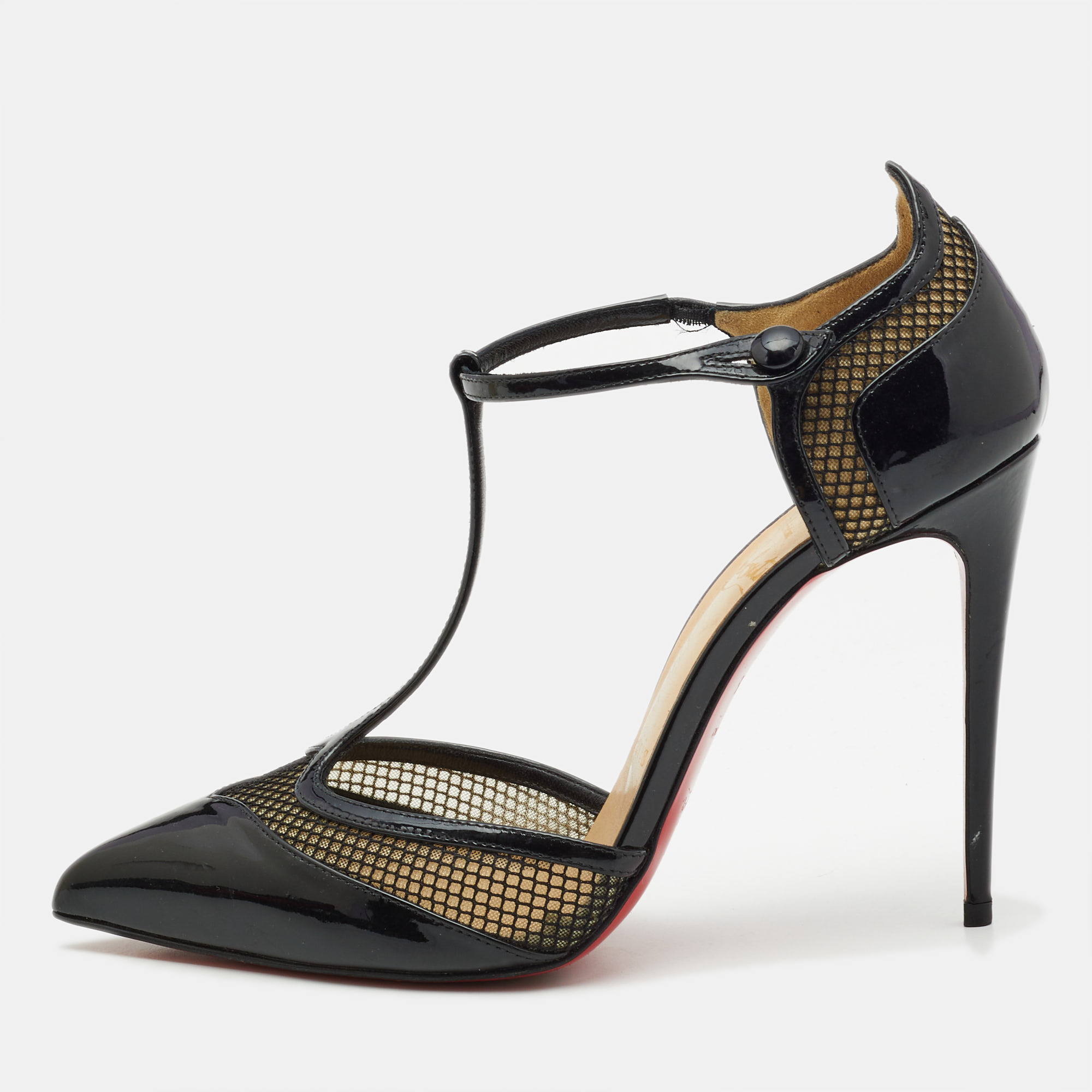 

Christian Louboutin Black Patent Leather and Mesh Mrs. Early Pointed Toe Sandals Size