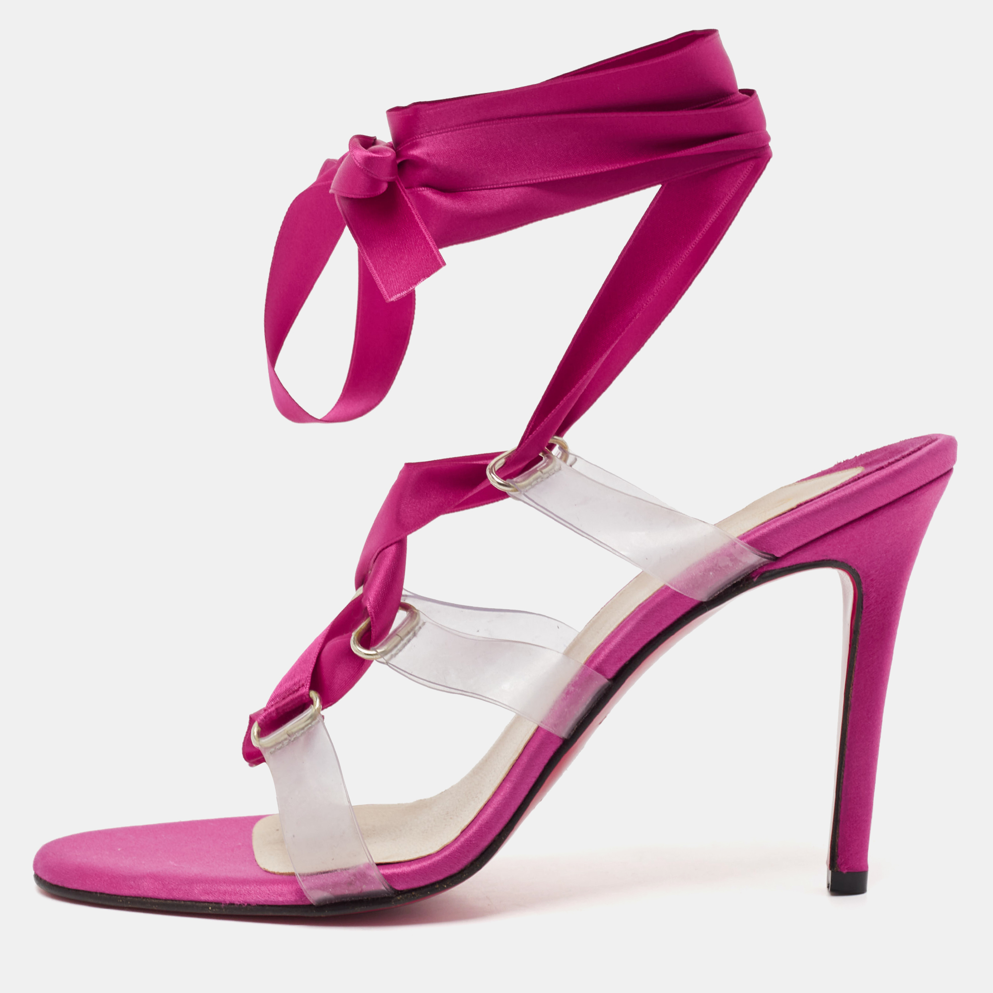 

Christian Louboutin Pink/Transparent Satin and PVC Ankle Wrap Sandals Size