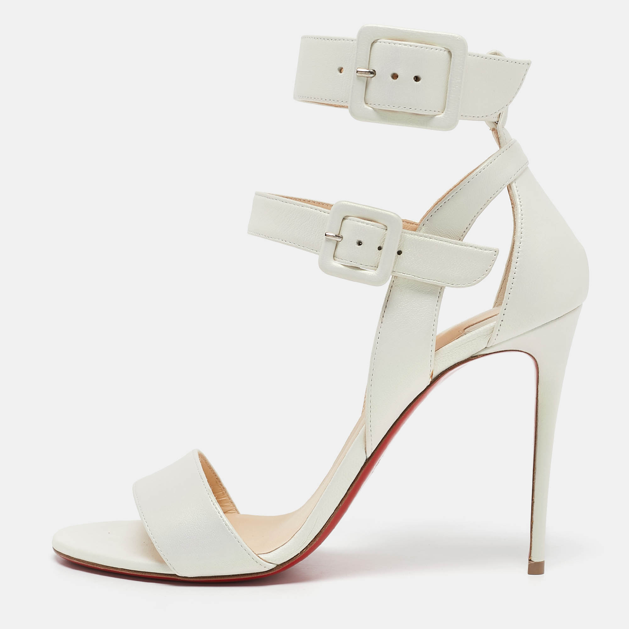 

Christian Louboutin Iridescent White Leather Multipot Ankle Strap Sandals Size