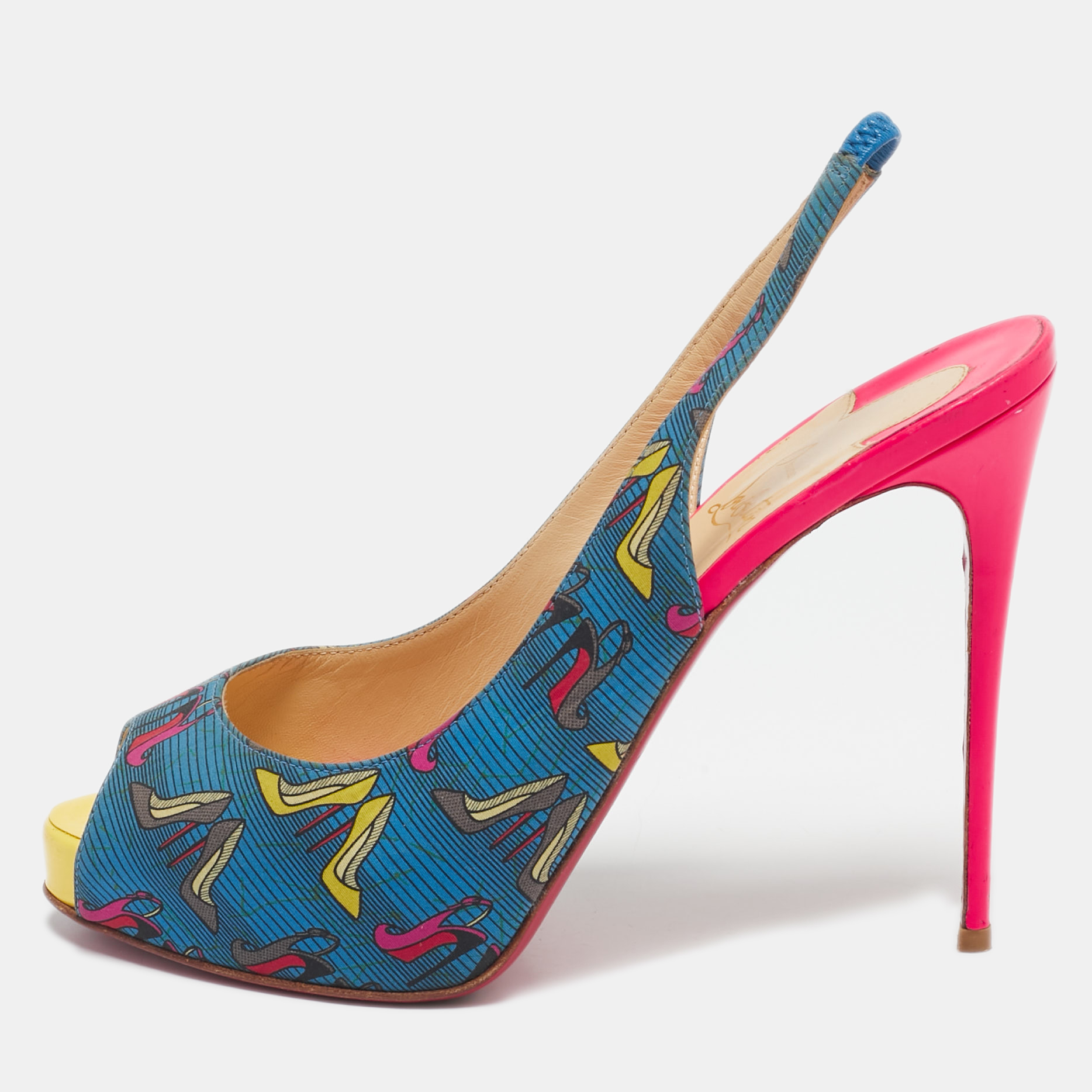 

Christian Louboutin Multicolor Printed Fabric Private Number Slingback Pumps Size