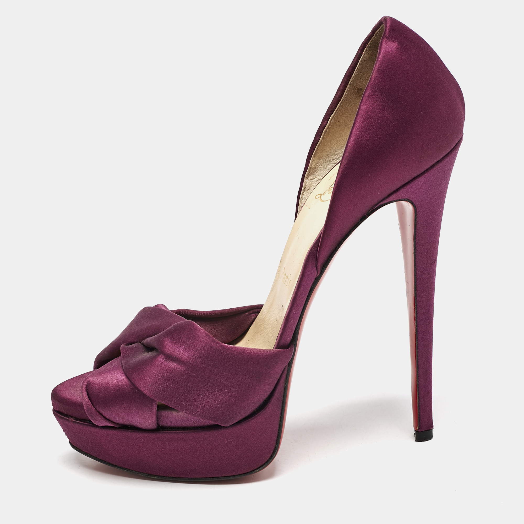 

Christian Louboutin Purple Satin Volpi 150 Peep Toe D'Orsay Pumps Size