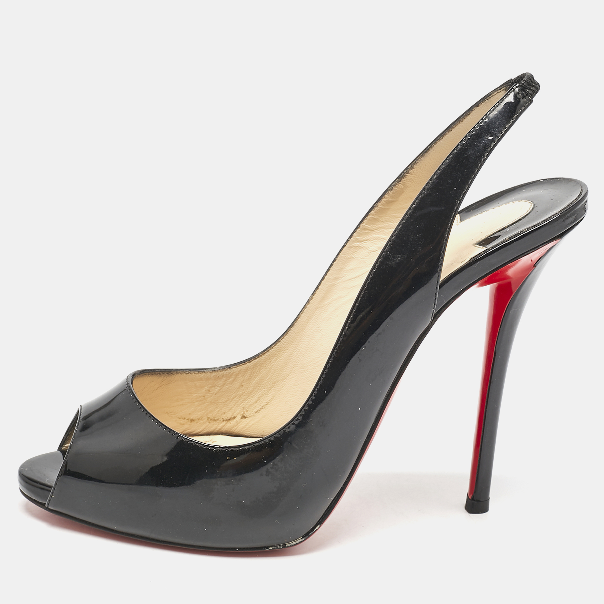 

Christian Louboutin Black Patent Leather Private Number Peep Toe Pumps Size