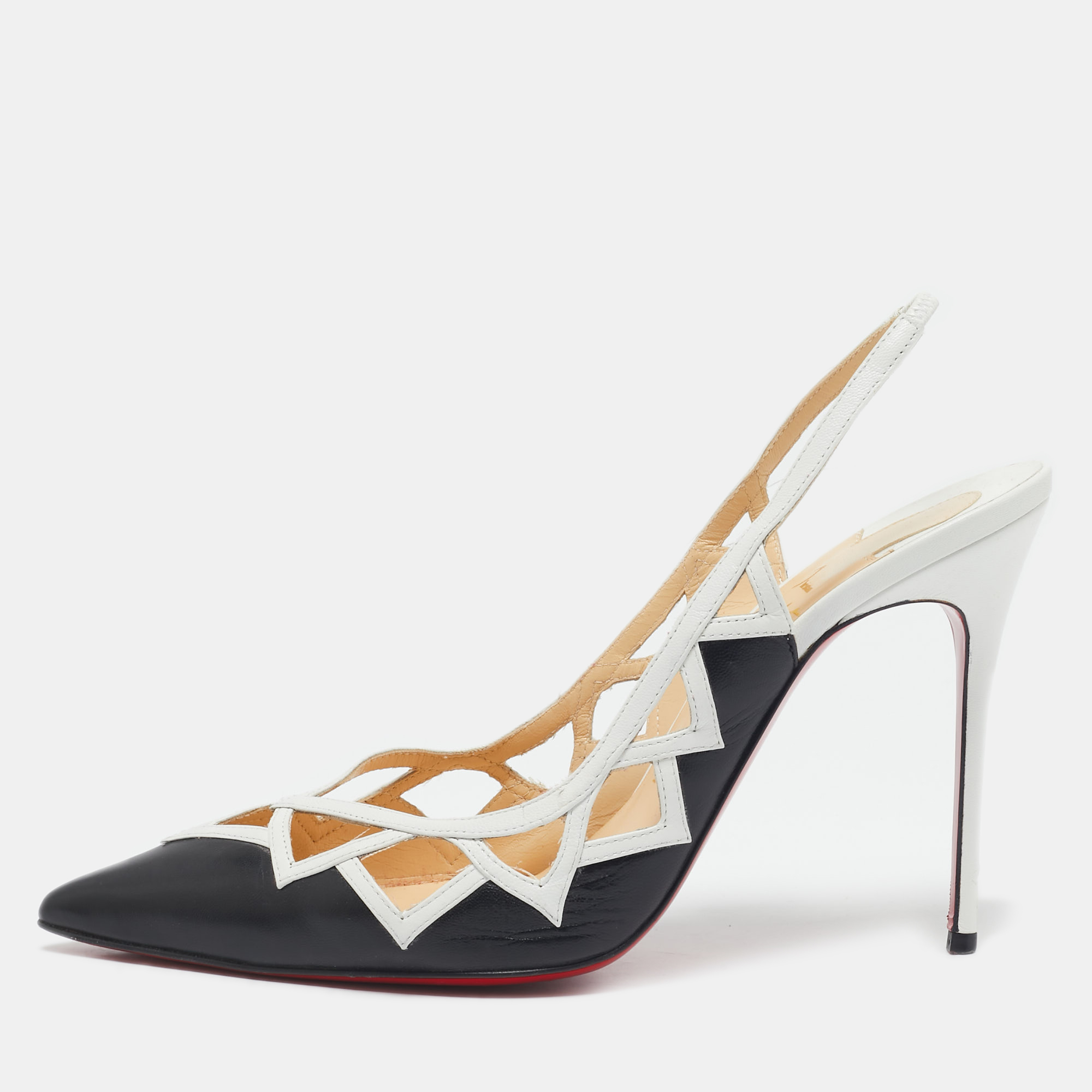 

Christian Louboutin Black/White Leather Triangular Cut-Out Slingback Pumps Size