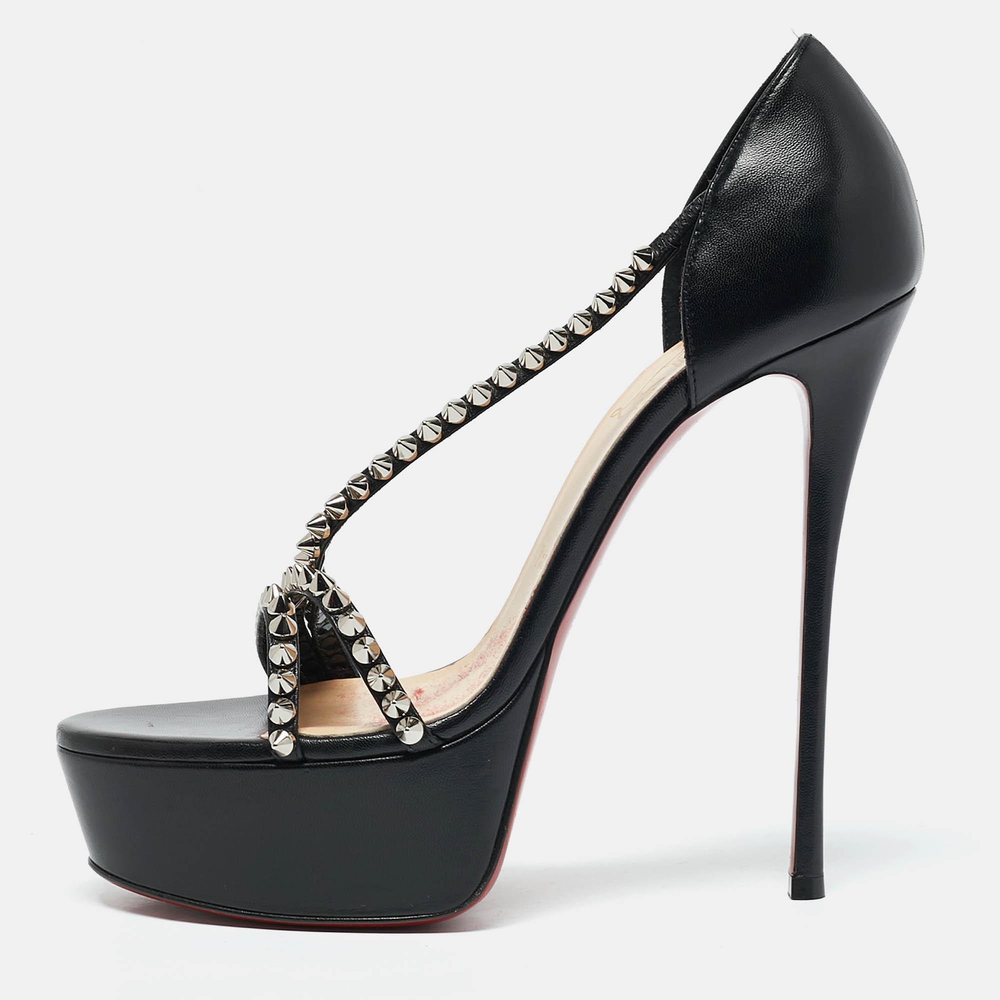 

Christian Louboutin Black Leather So Spike Alta Sandals Size