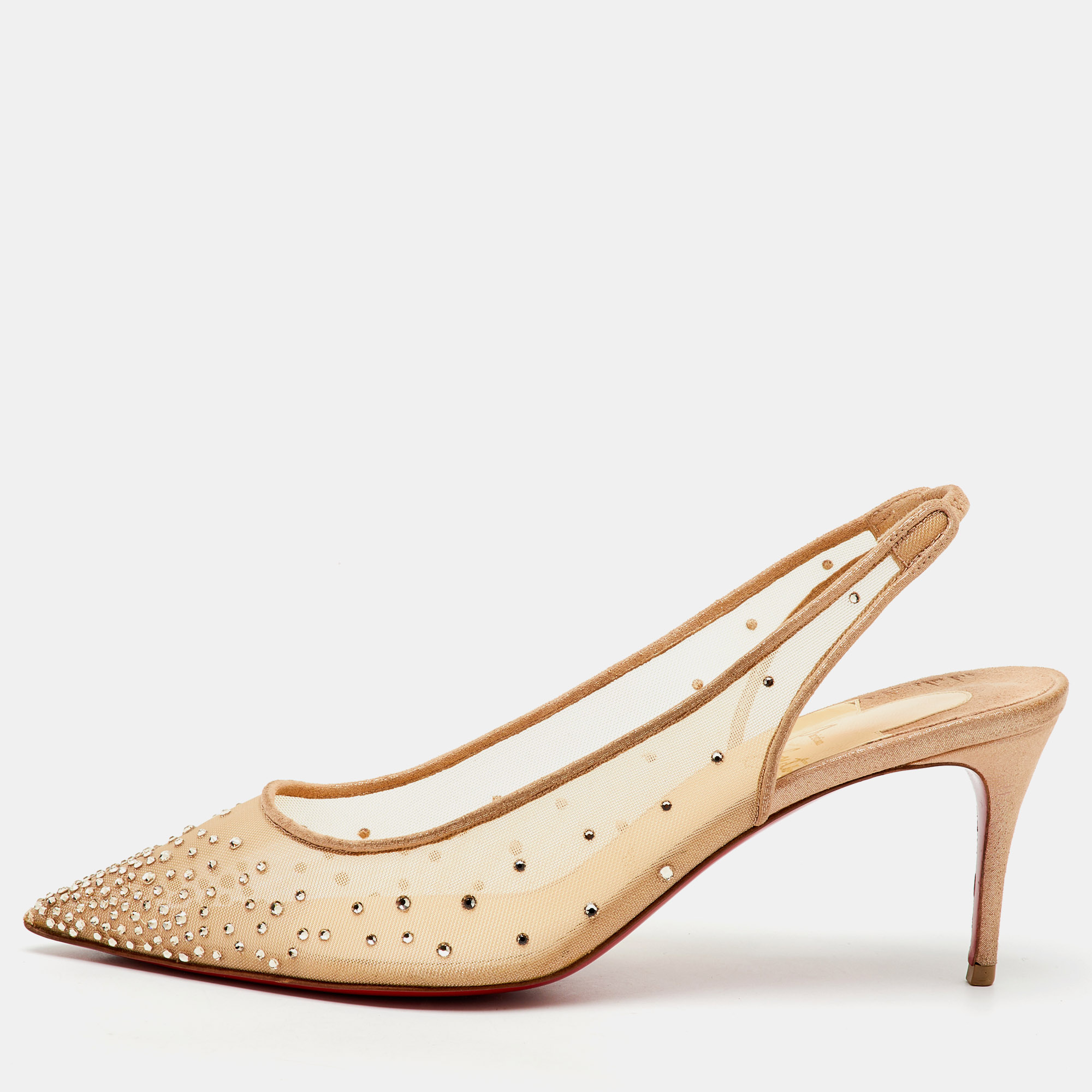 

Christian Louboutin Beige Mesh Follies Strass Slingback Pumps Size