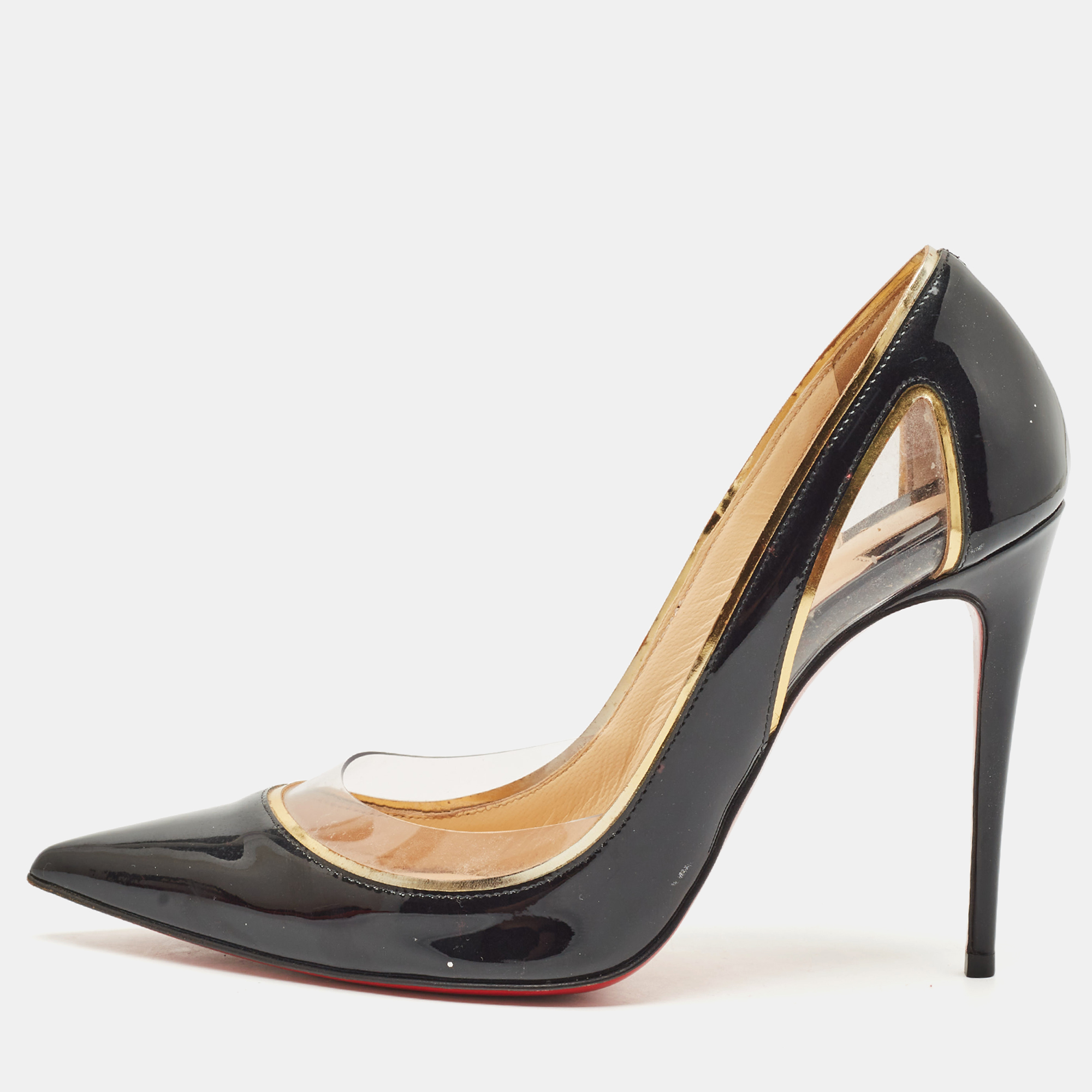 

Christian Louboutin Black/Gold Patent Leather and PVC Cosmo Pumps Size