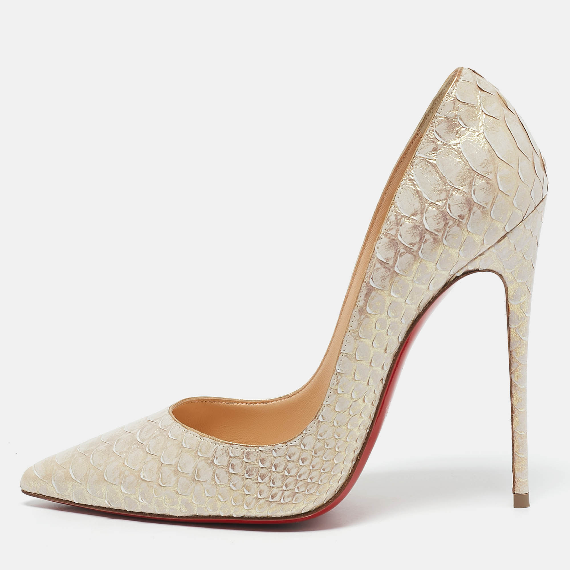 

Christian Louboutin White/Gold Python So Kate Pumps Size