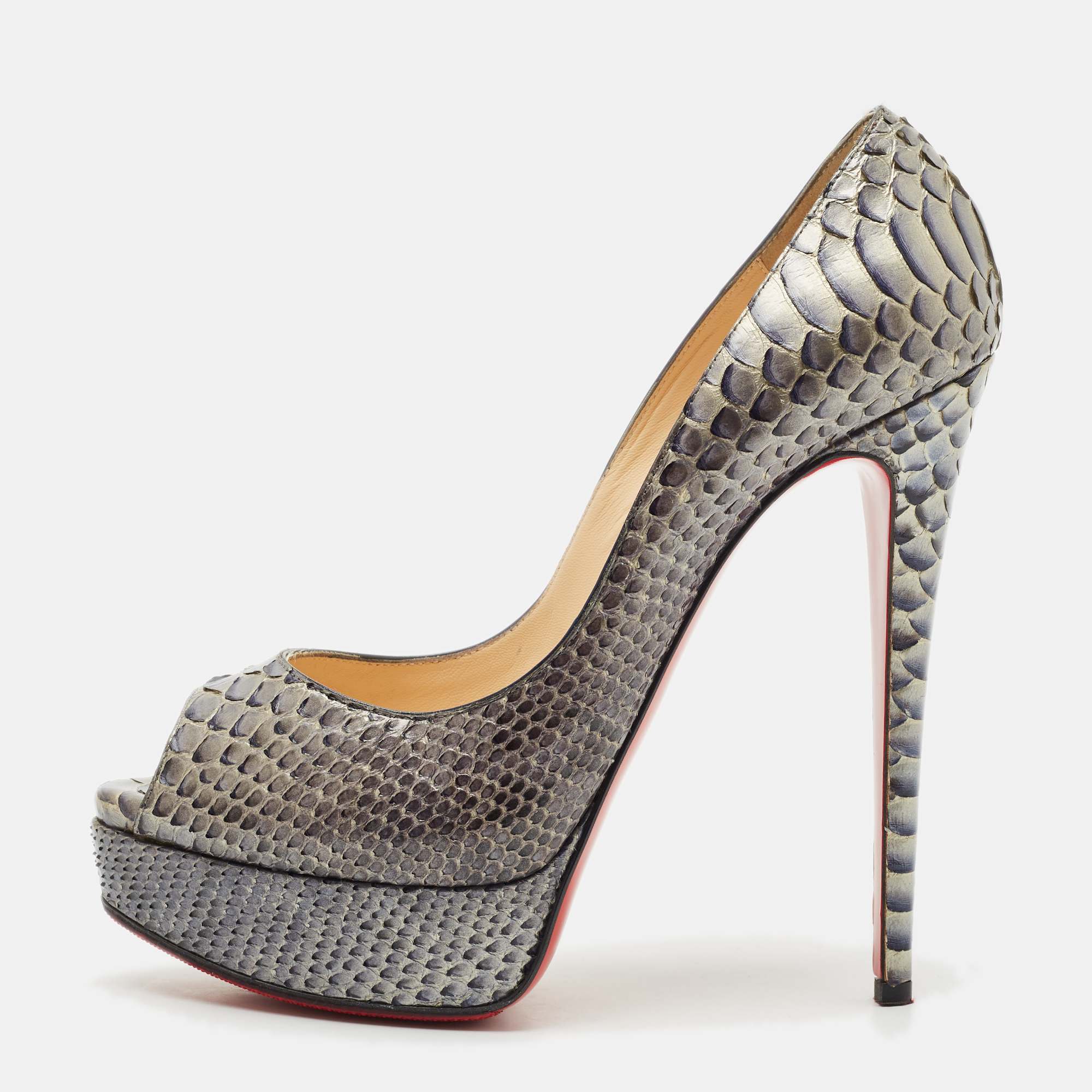 

Christian Louboutin Grey/Blue Python Lady Peep Toe Pumps Size