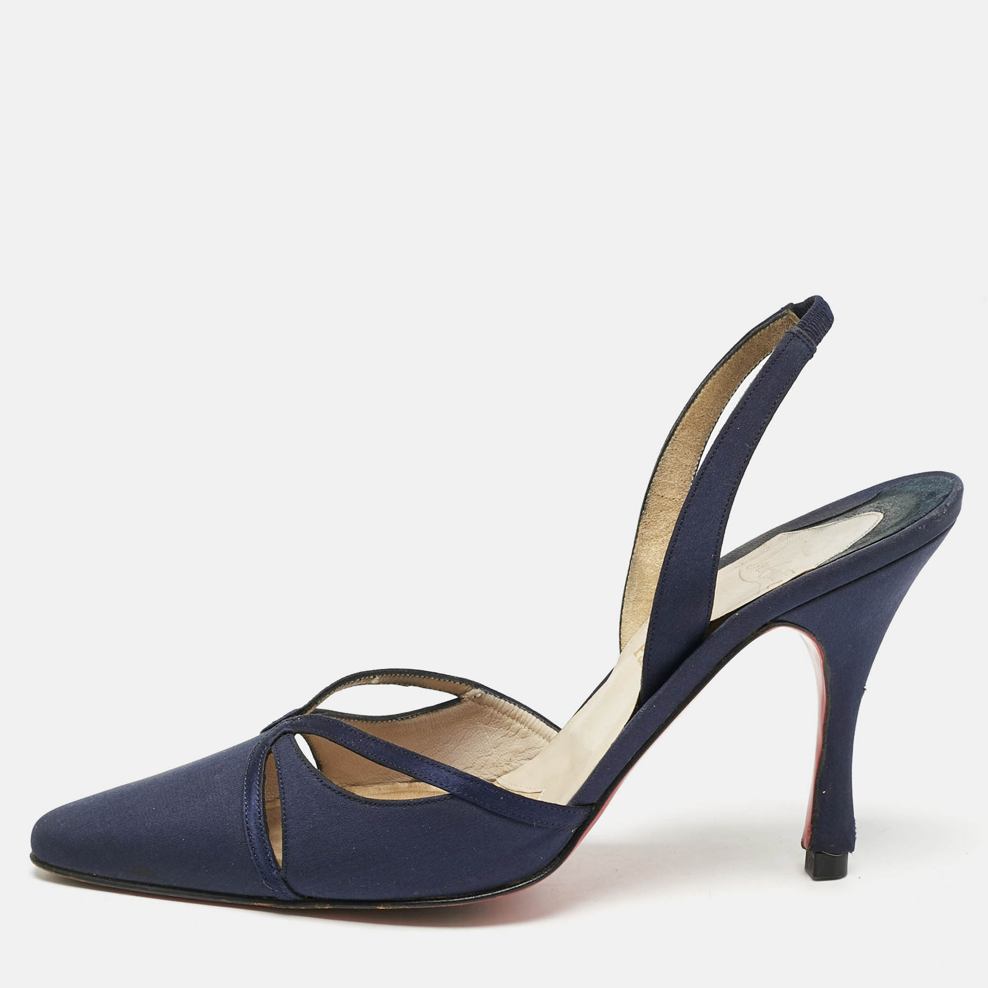 

Christian Louboutin Navy Blue Fabric Pointed Toe Slingback Sandals Size