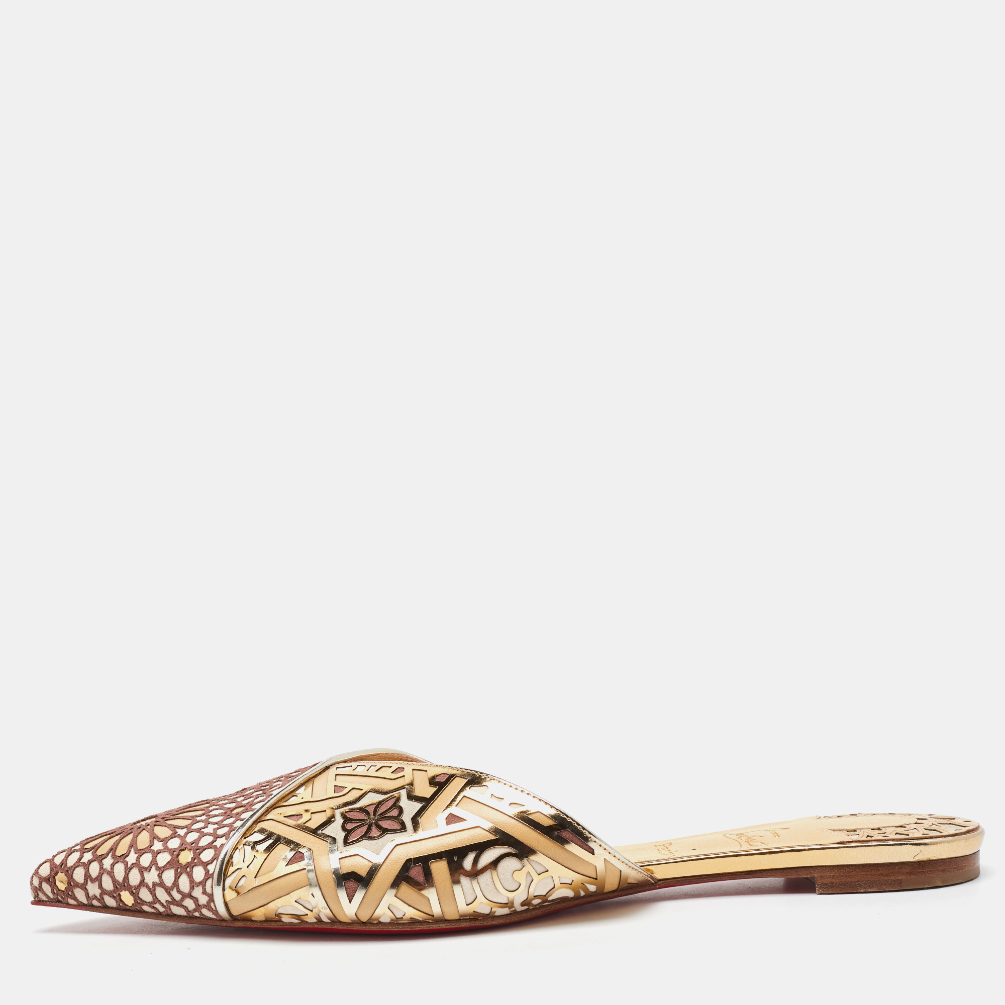 

Christian Louboutin Multicolor Laser Cut Leather and Suede Royal Mansour Flat Mules Size