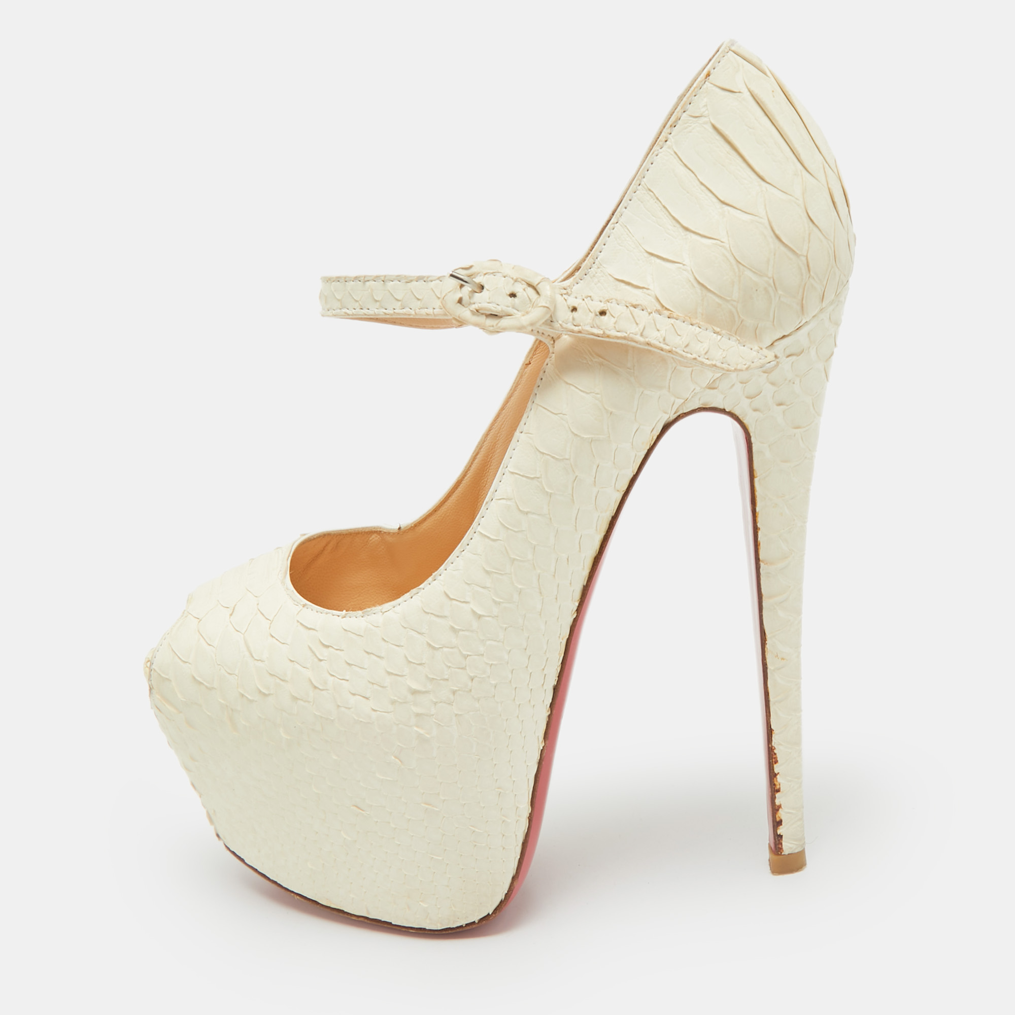 

Christian Louboutin White Matte Python Lady Highness Peep Toe Pumps Size