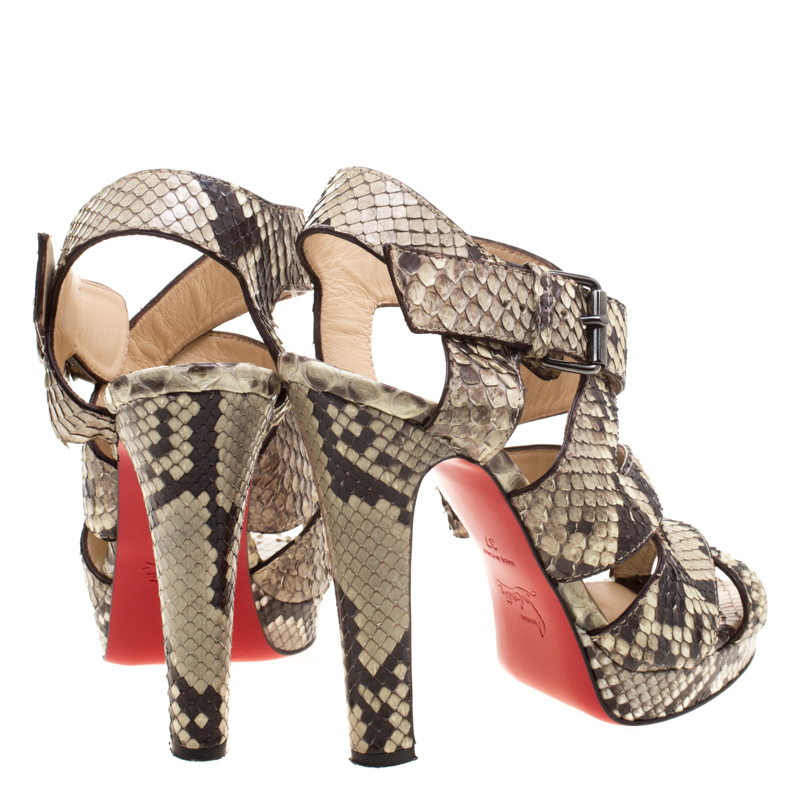 Pre-owned Christian Louboutin Two Tone Python Leather Criss Cross Strap Platform Sandals Size 37 In Beige
