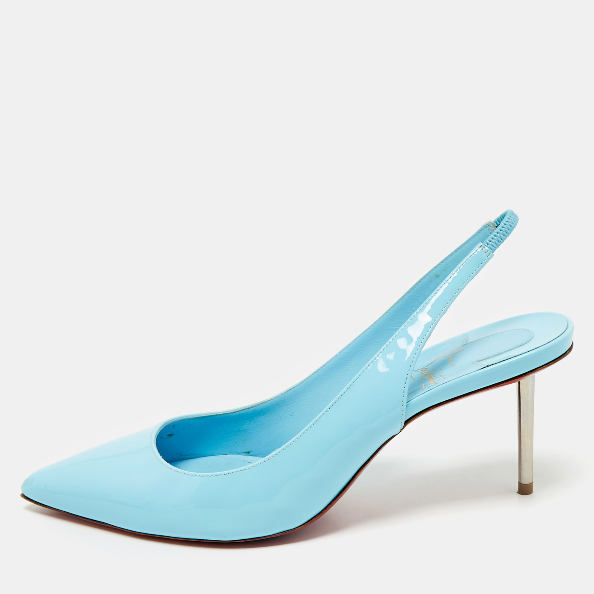 

Christian Louboutin Blue Patent Kate Sling 85 Pumps Size
