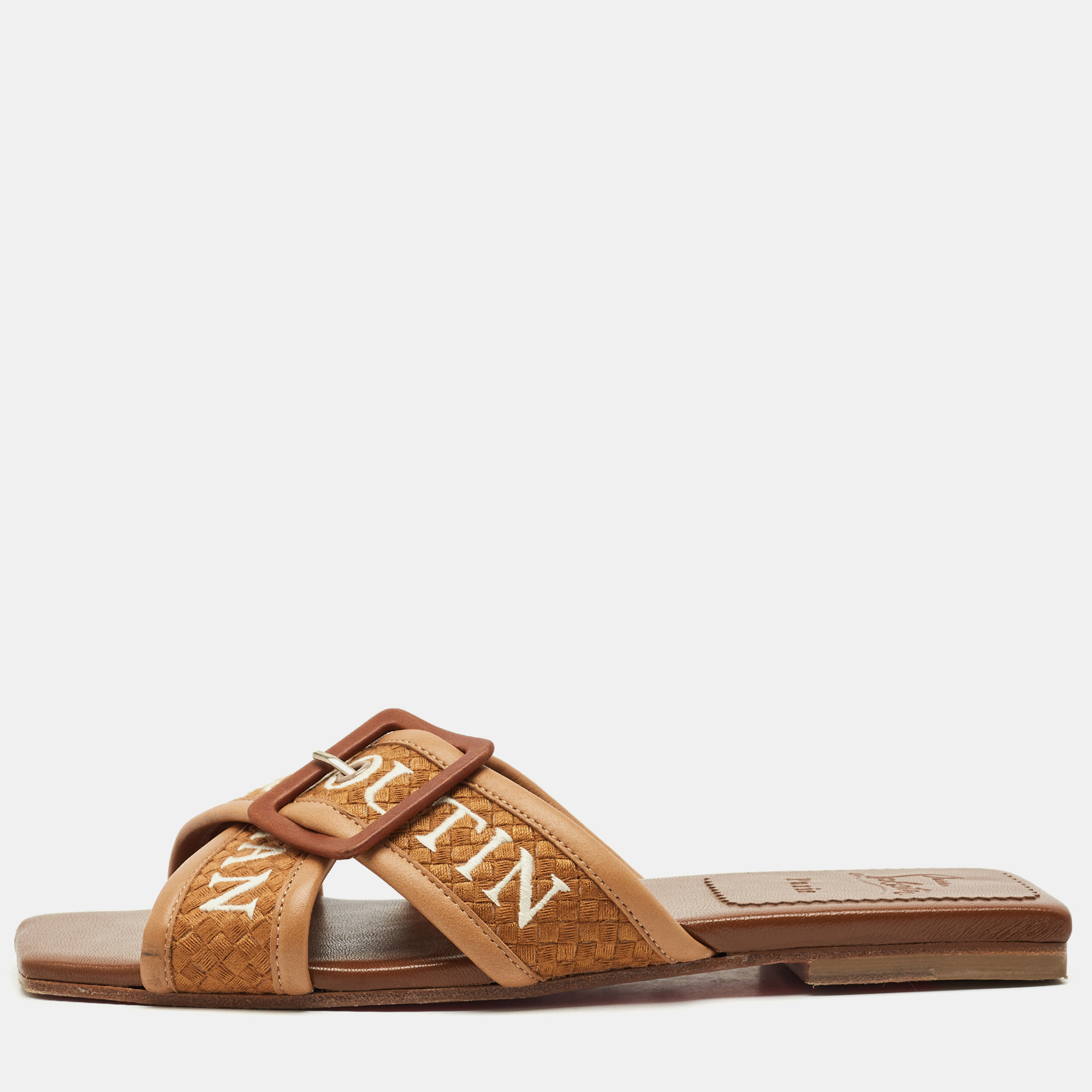 Pre-owned Christian Louboutin Brown Logo Canvas And Leather Crossimule Flat Slides Size 38.5