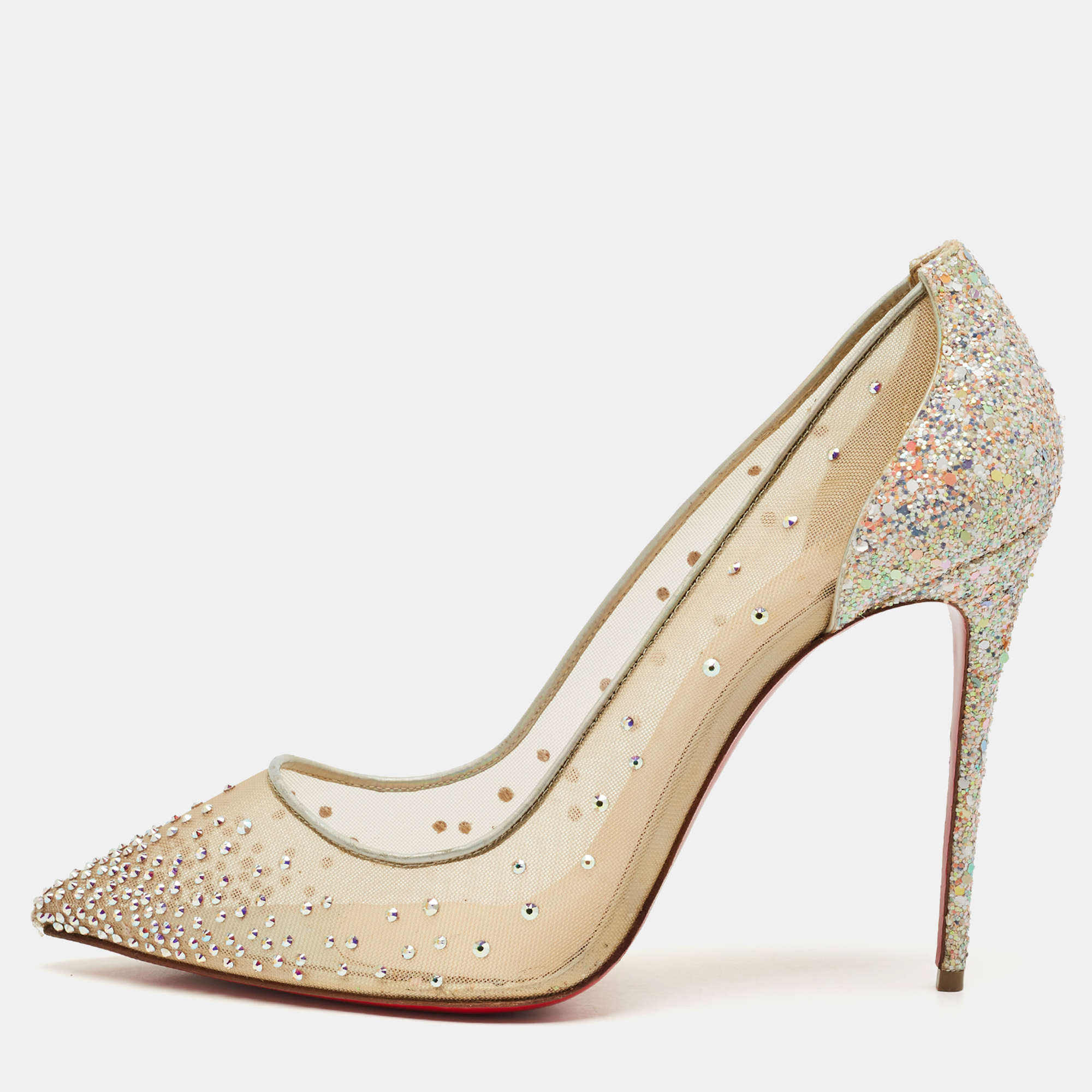 

Christian Louboutin Beige Mesh and Glitter Follies Strass Pumps Size