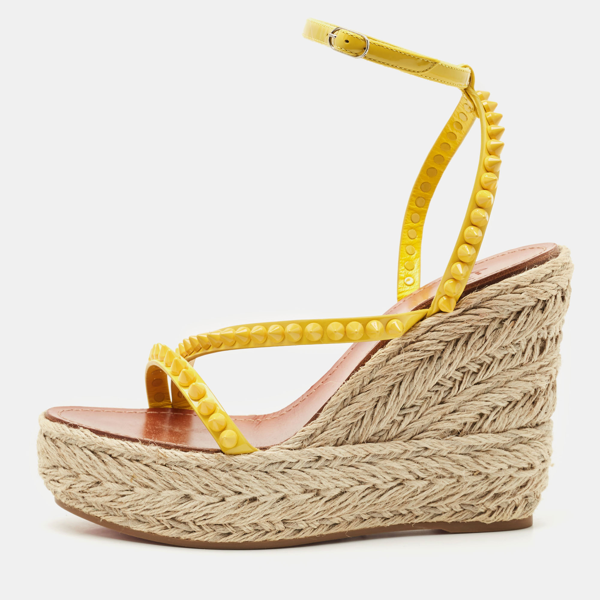 Pre-owned Christian Louboutin Yellow Patent Leather Mafaldina Zeppa Wedge Ankle Strap Sandals Size 40