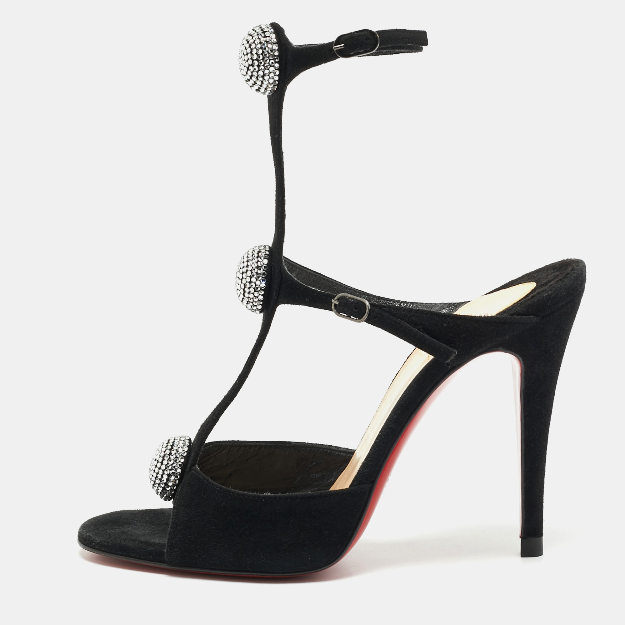 

Christian Louboutin Black Suede Crystal Embellished Ankle Strap Sandals Size