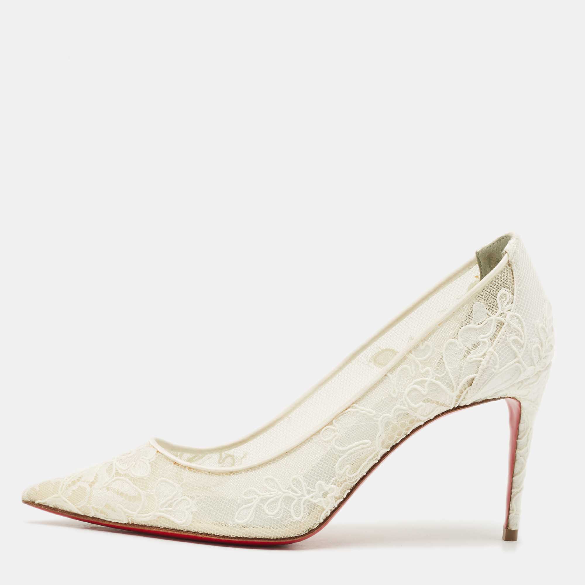 

Christian Louboutin White Mesh and Lace Follies Strass Pumps Size