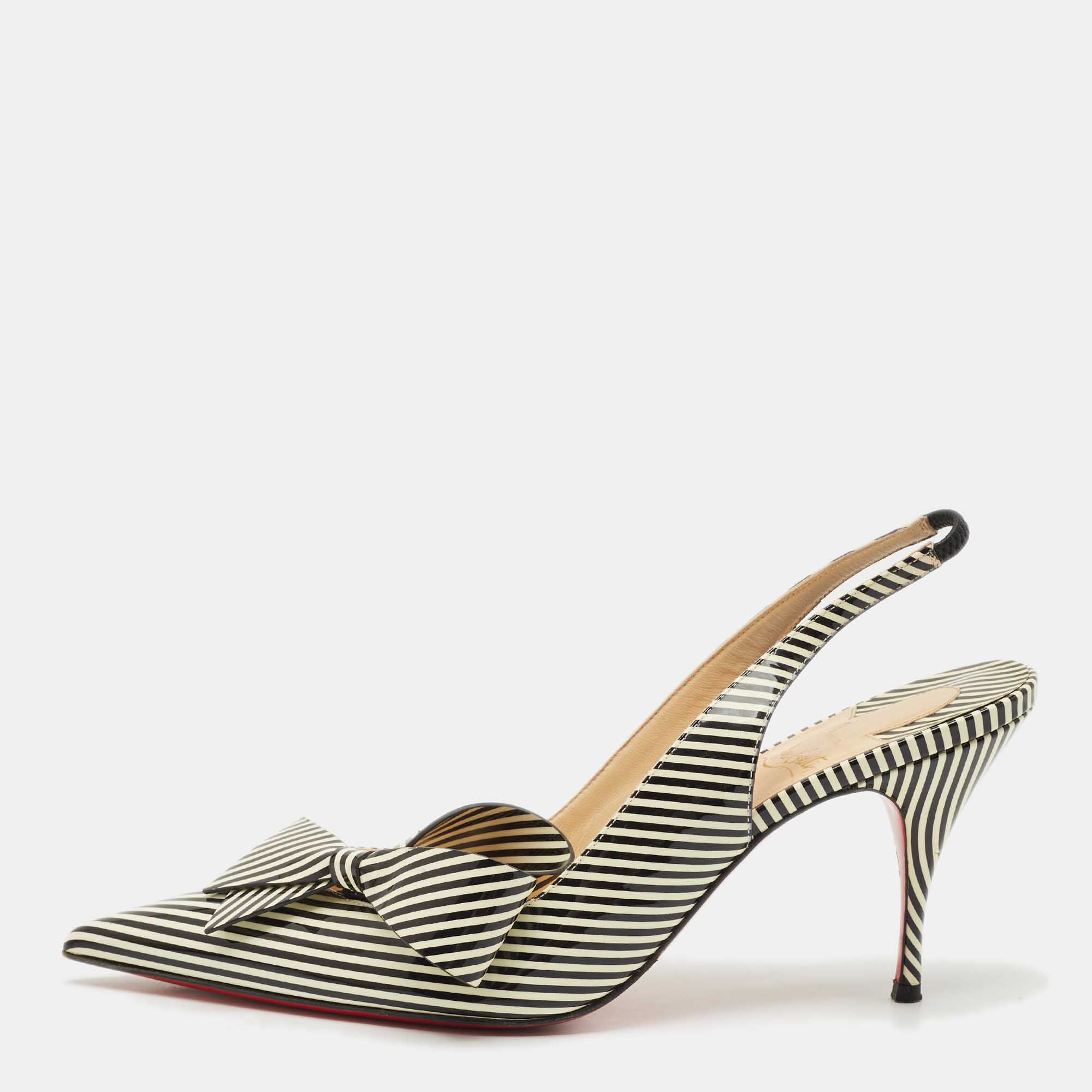 

Christian Louboutin Black/Cream Patent Leather Stripes Clare Nodo 80 Pumps Size
