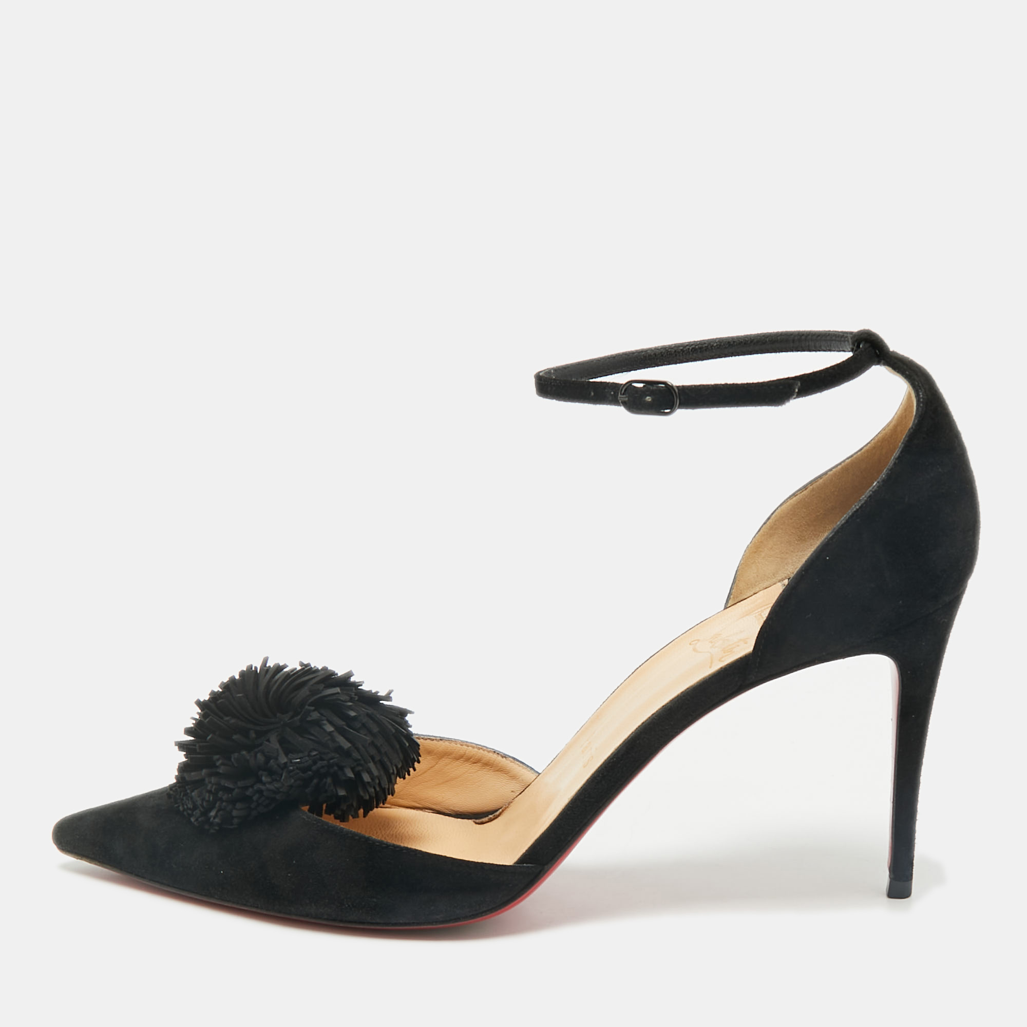 

Christian Louboutin Black Suede Pom Pom Ankle Strap Sandals Size