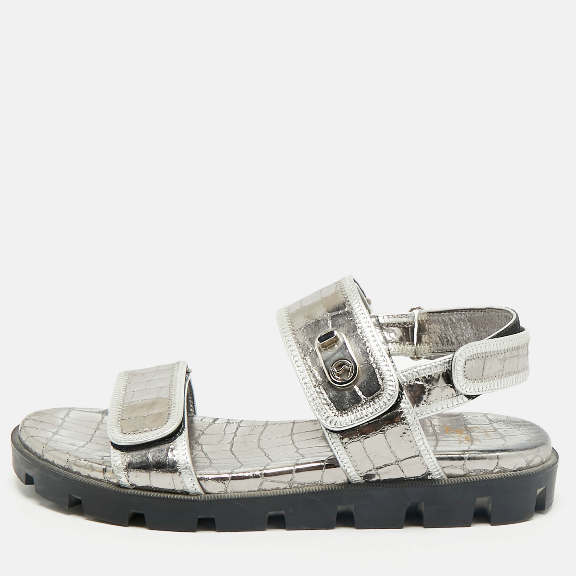 Christian Louboutin Silver Croc Embossed Leather Lock Cool Flat Sandals Size 40