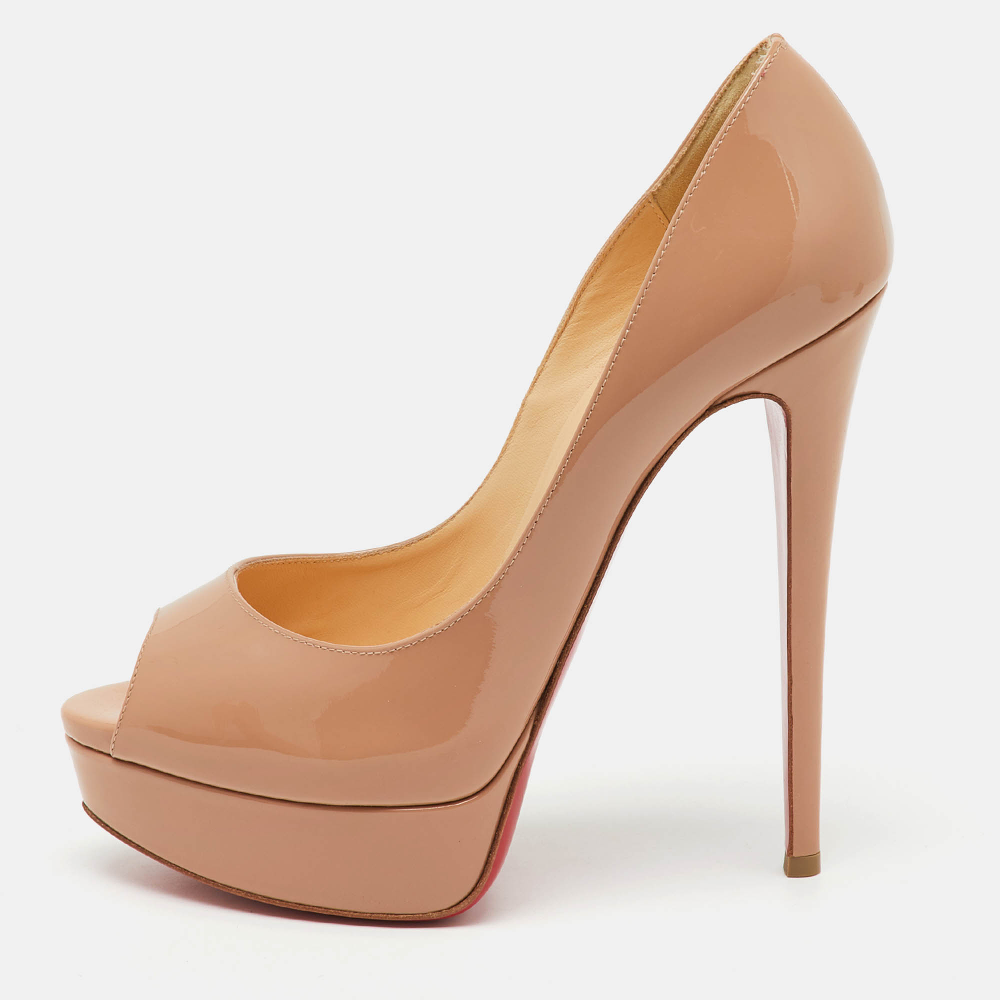 Pre-owned Christian Louboutin Beige Patent Leather Lady Peep Toe Platform Pumps Size 38