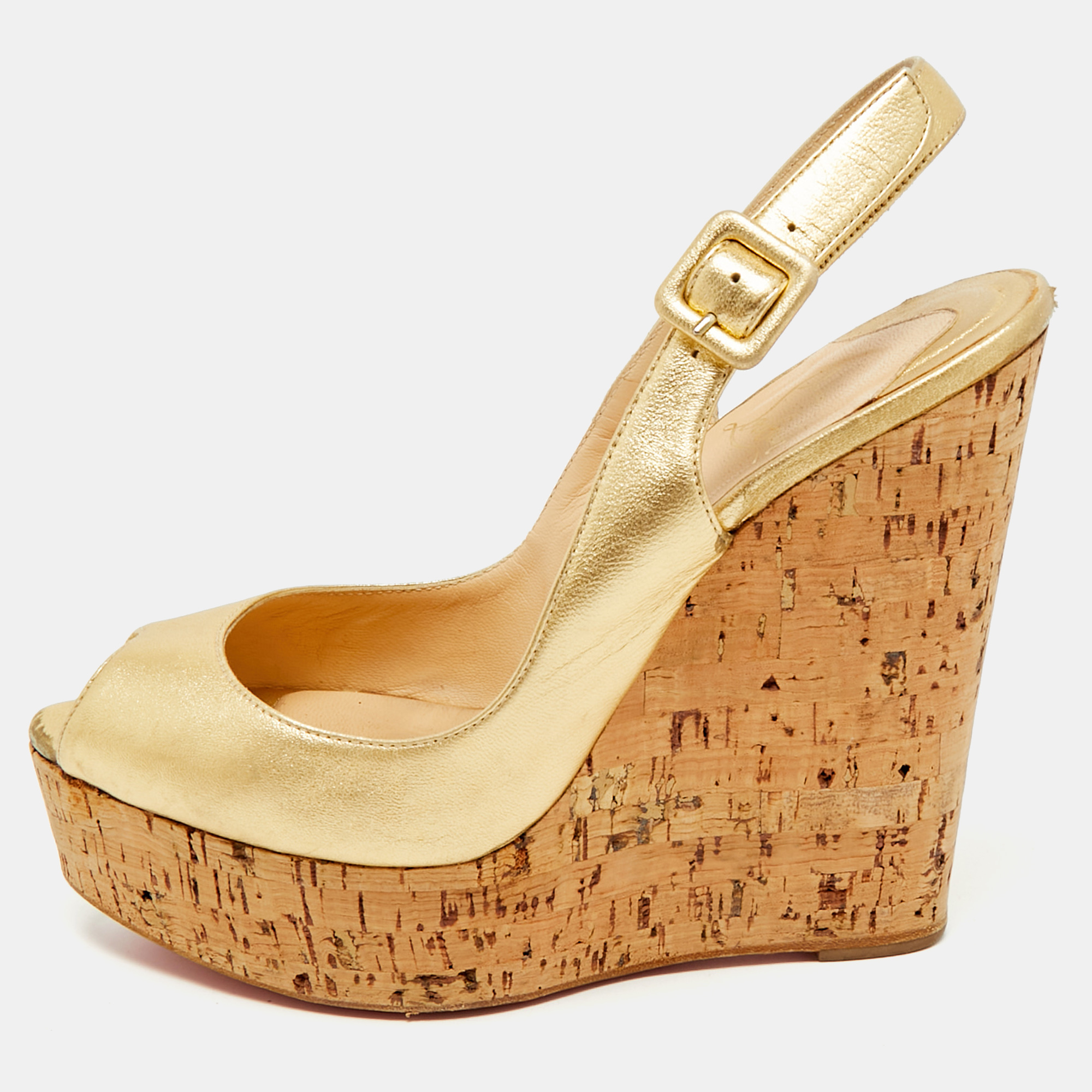 

Christian Louboutin Gold Leather Cork Wedge Sandals Size