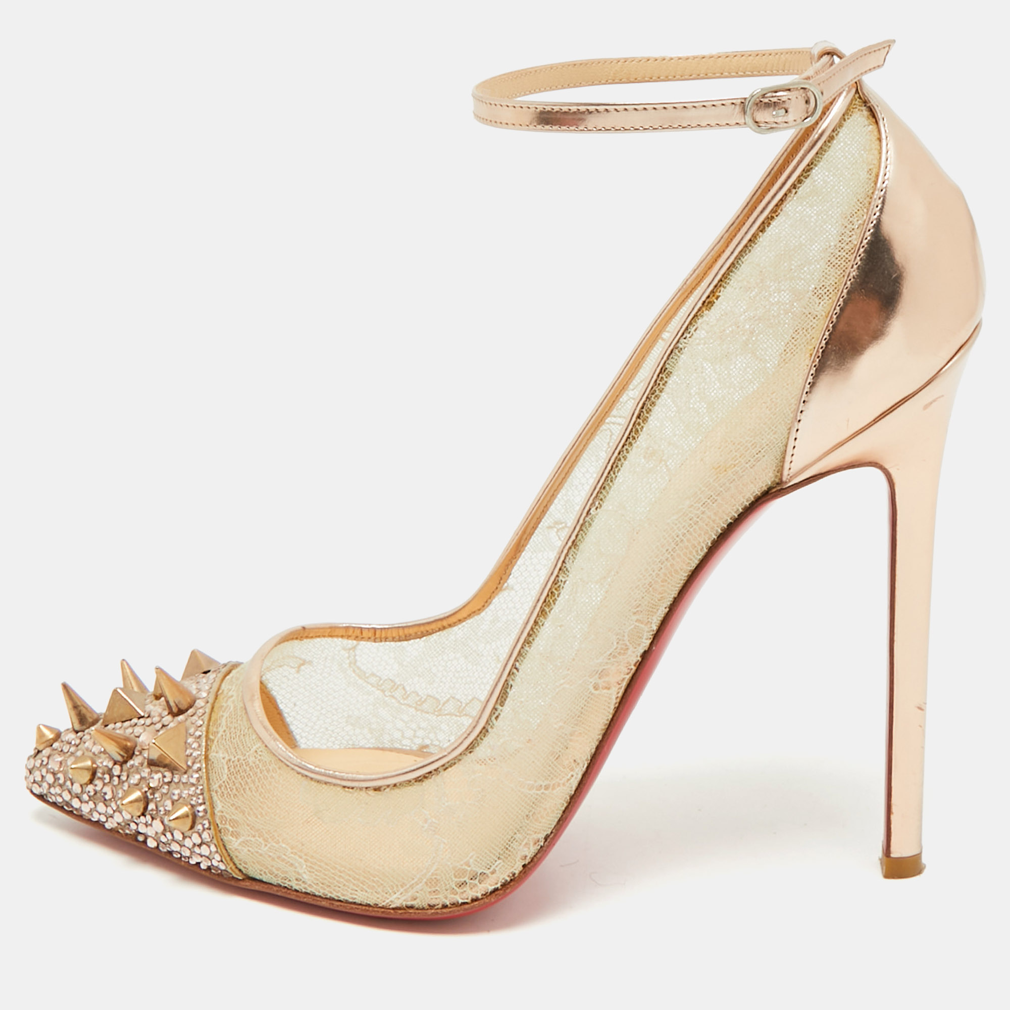 Pre-owned Christian Louboutin Rose Gold Lace And Leather Spike Decollete Pumps Size 38