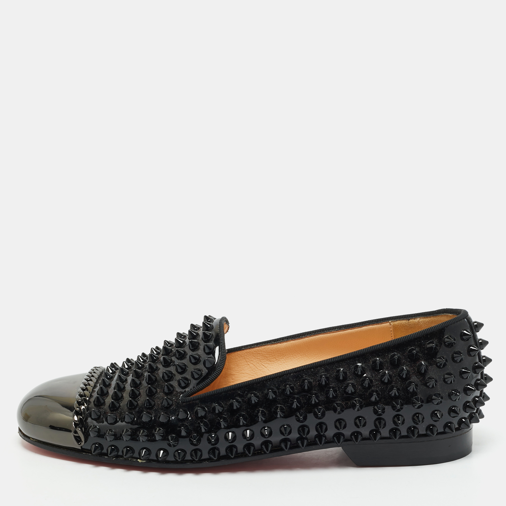 

Christian Louboutin Black Patent Leather Glitz Spikes Smoking Slippers Size