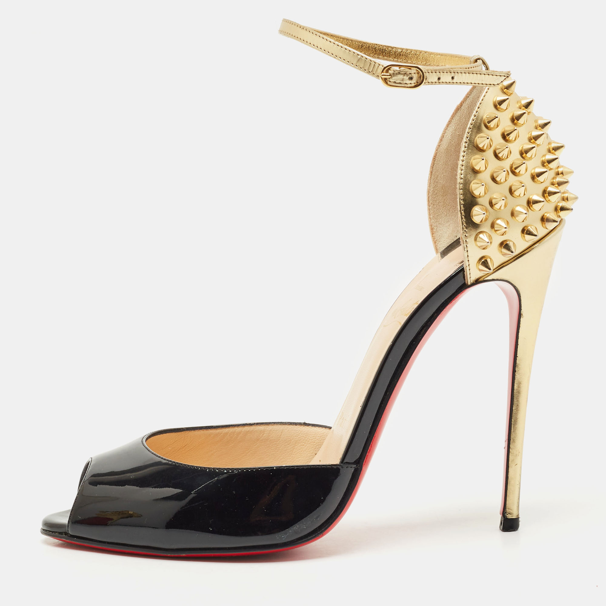 

Christian Louboutin Black/Gold Patent Leather Pina Spike Sandals Size