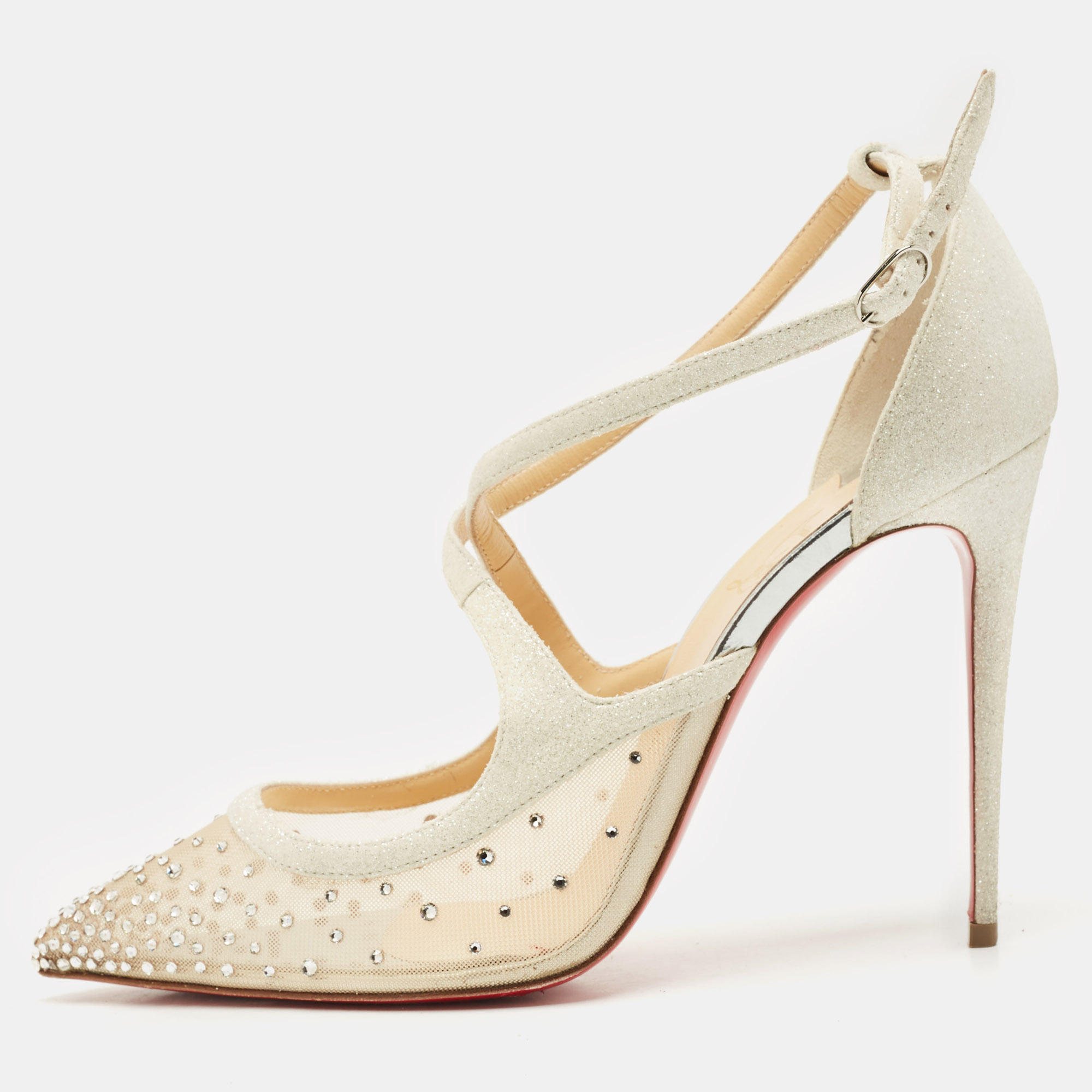 

Christian Louboutin Silver Lurex Fabric and Mesh Twistissima Strass Sandals Size
