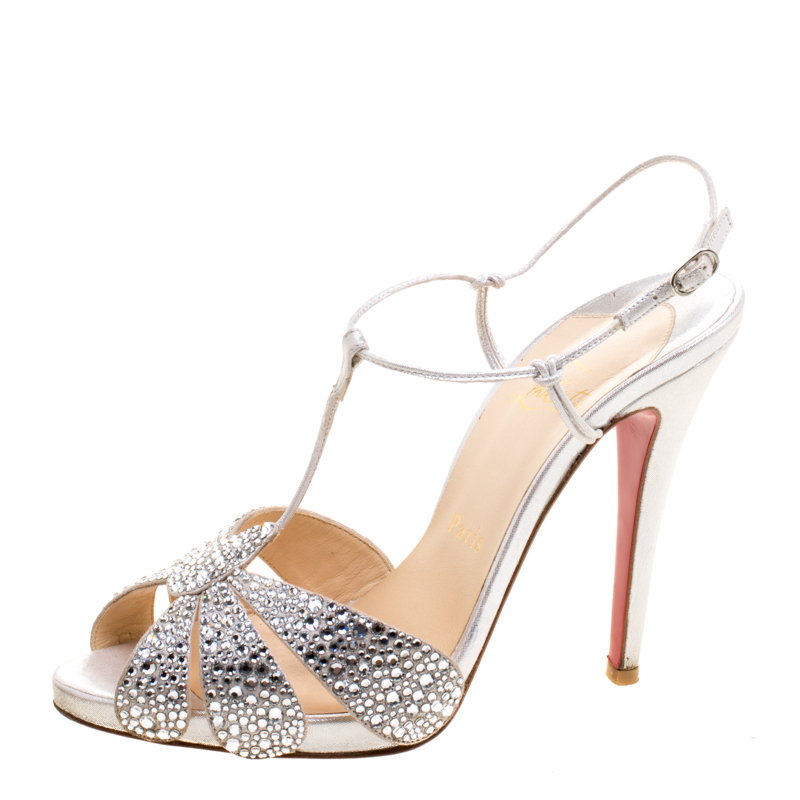 Christian Louboutin Metallic Silver Crystal Studded Margi Diams Sandals Size 37.5