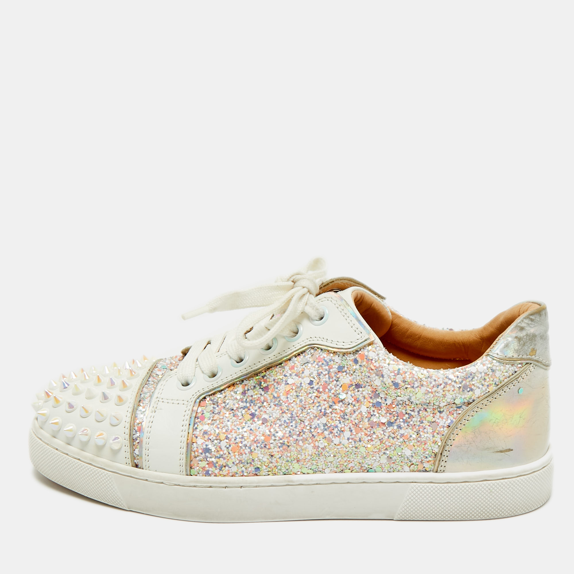 

Christian Louboutin Multicolor Glitter and Leather Louis Junior Spikes Low Top Sneakers Size