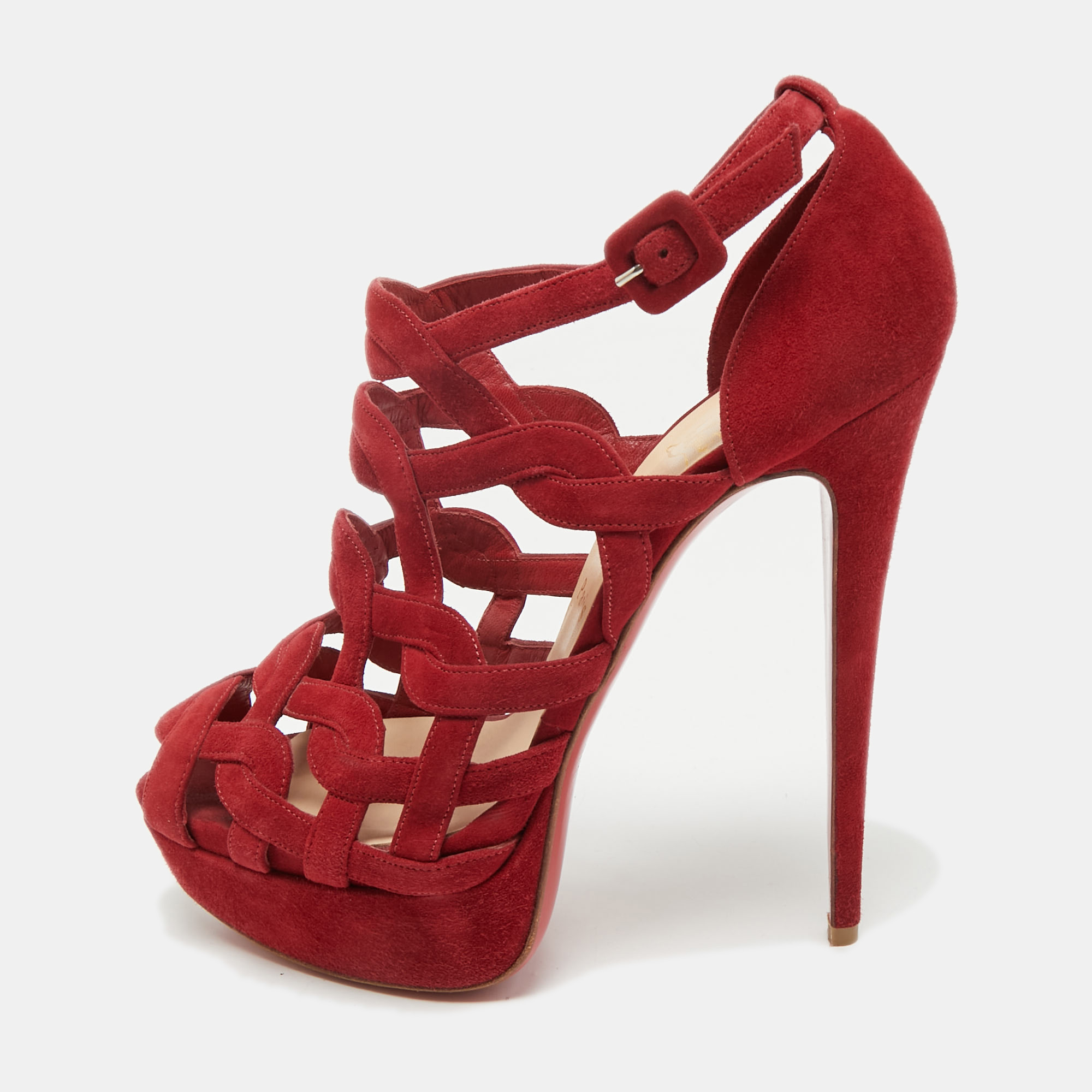

Christian Louboutin Red Suede Larissa Ankle Strap Sandals Size