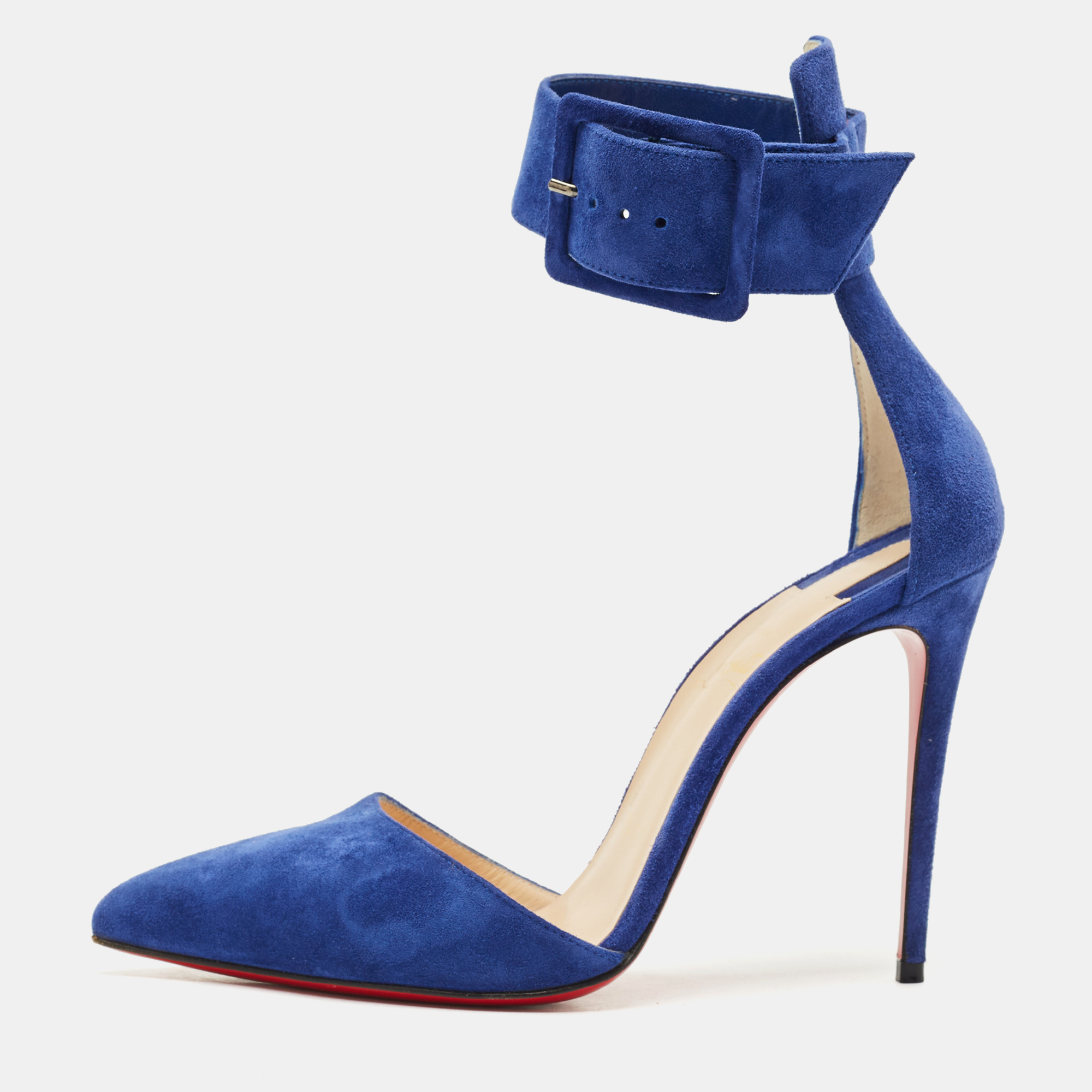 

Christian Louboutin Blue Suede Harler Ankle Strap Pumps Size