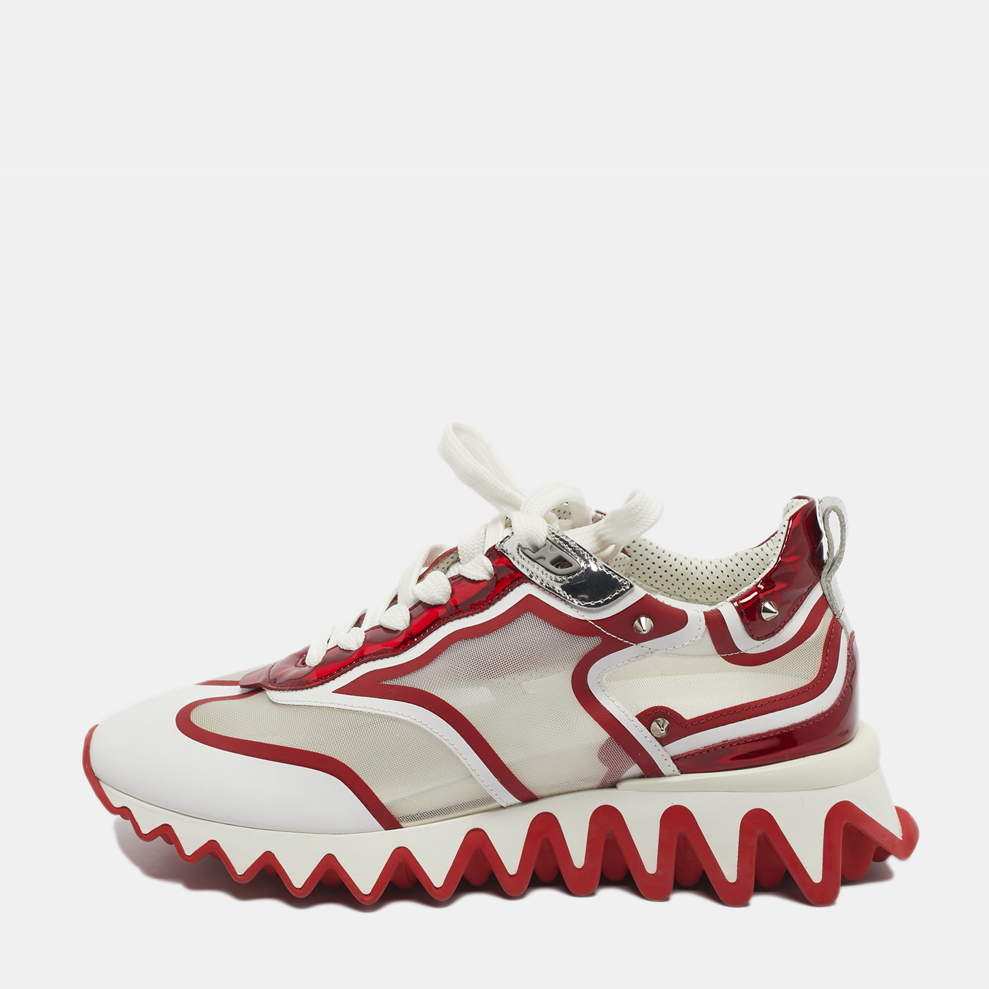 

Christian Louboutin White/Red Mesh and Patent Leather Sharkina Sneakers Size