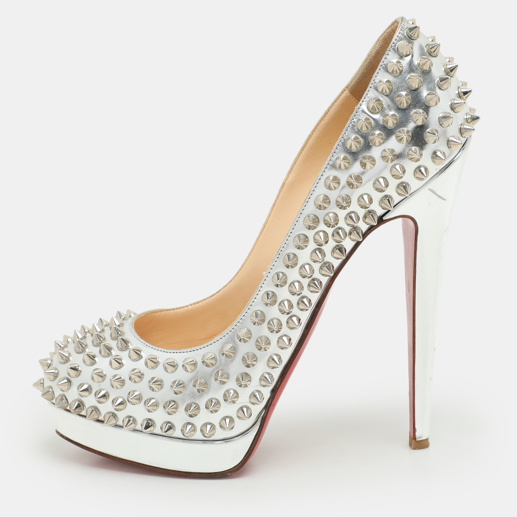 Pre-owned Christian Louboutin Metallic Silver Leather Alti Spike Platform Pumps Size 37
