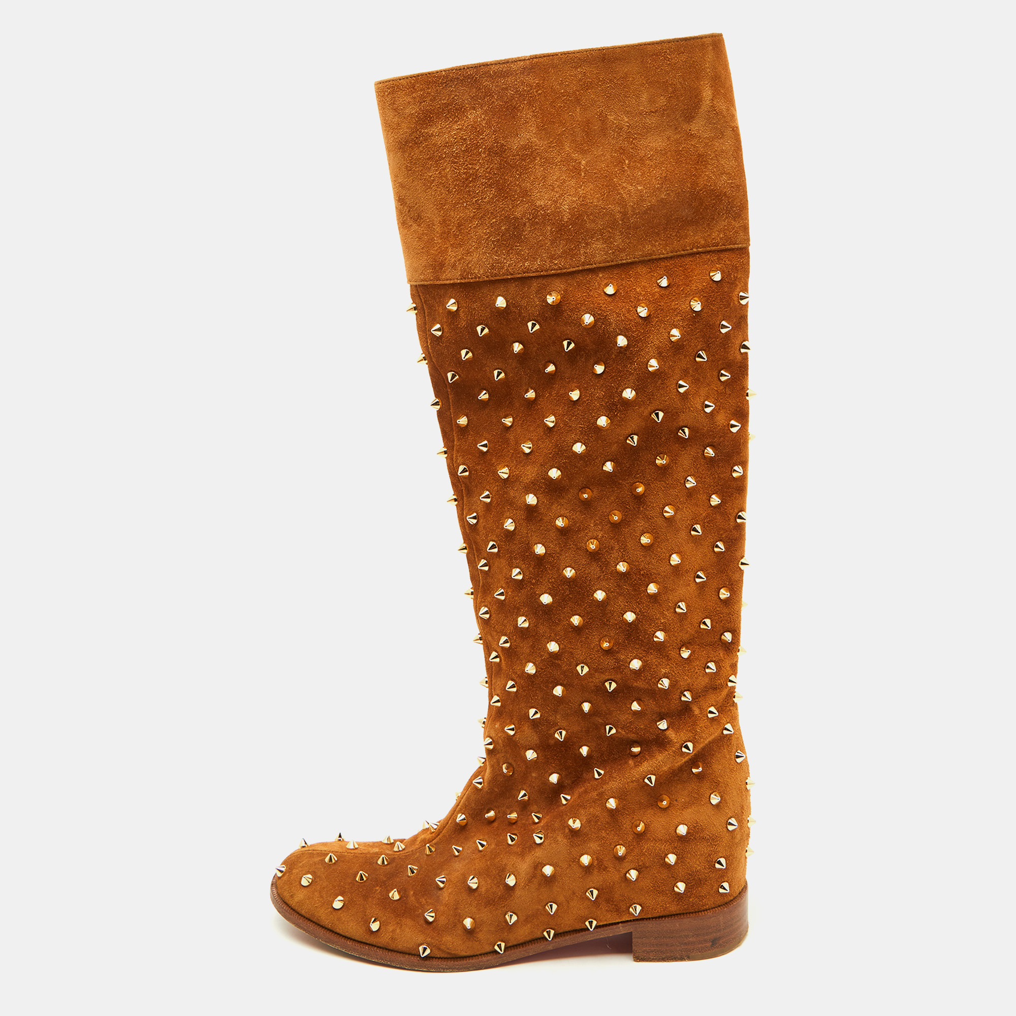 Pre-owned Christian Louboutin Brown Suede Spikes Mid Calf Riding Boots Size 38.5