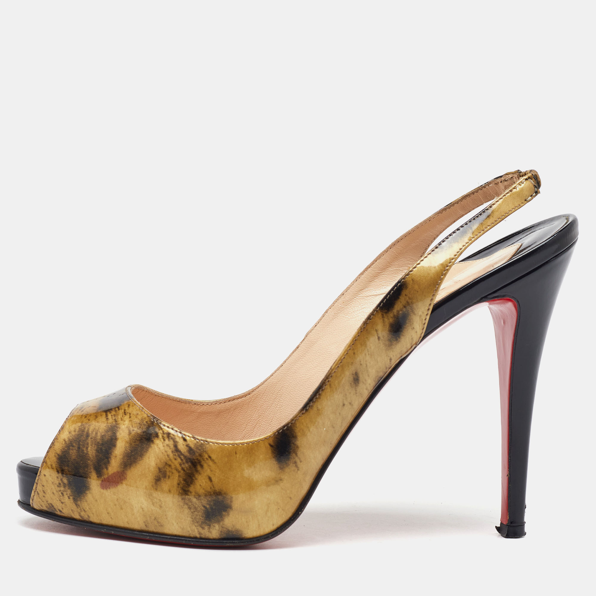 

Christian Louboutin Black/Gold Printed Patent Leather No Prive Peep Toe Slingback Sandals Size