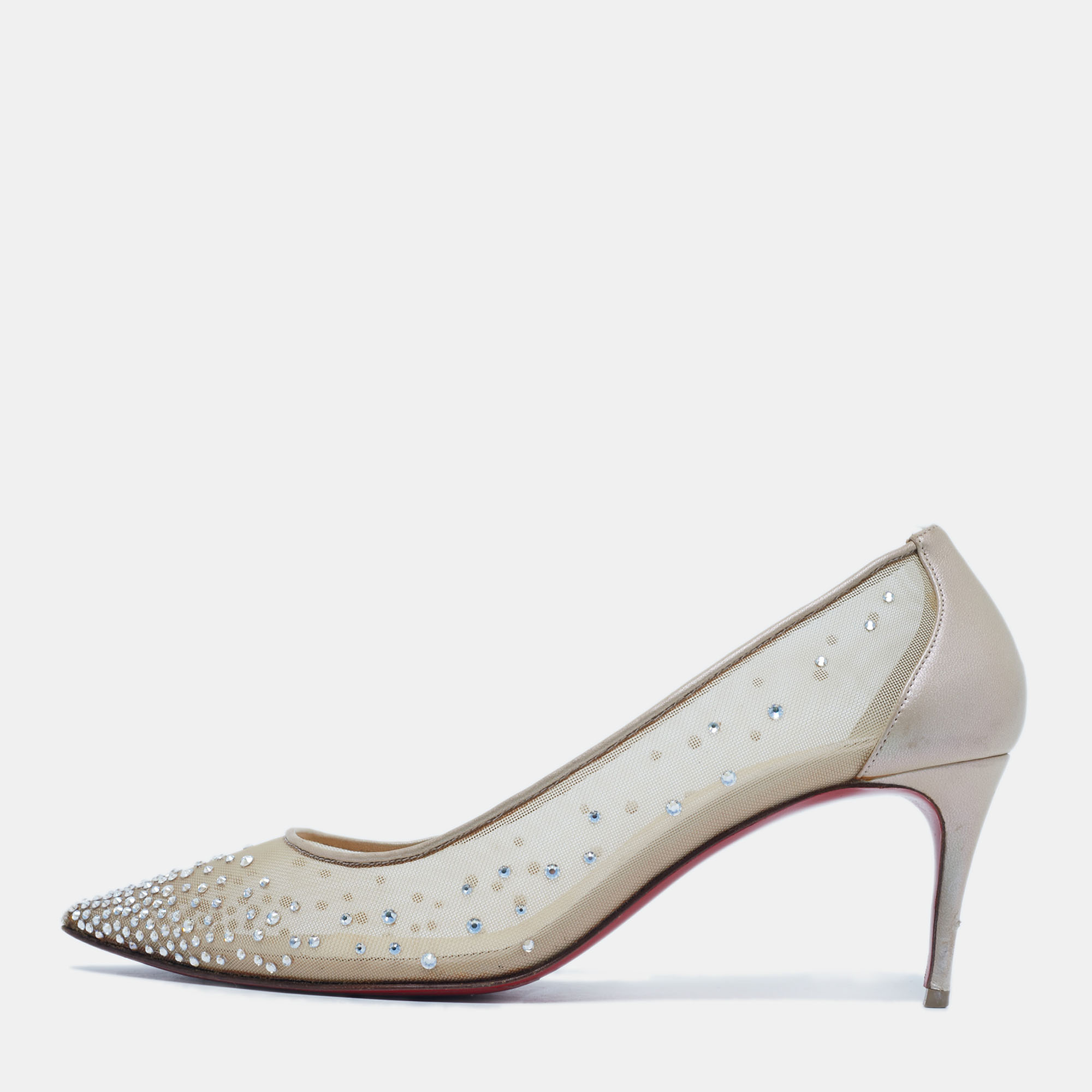 

Christian Louboutin Beige Crystal Embellished Mesh and Leather Follies Strass Pumps Size