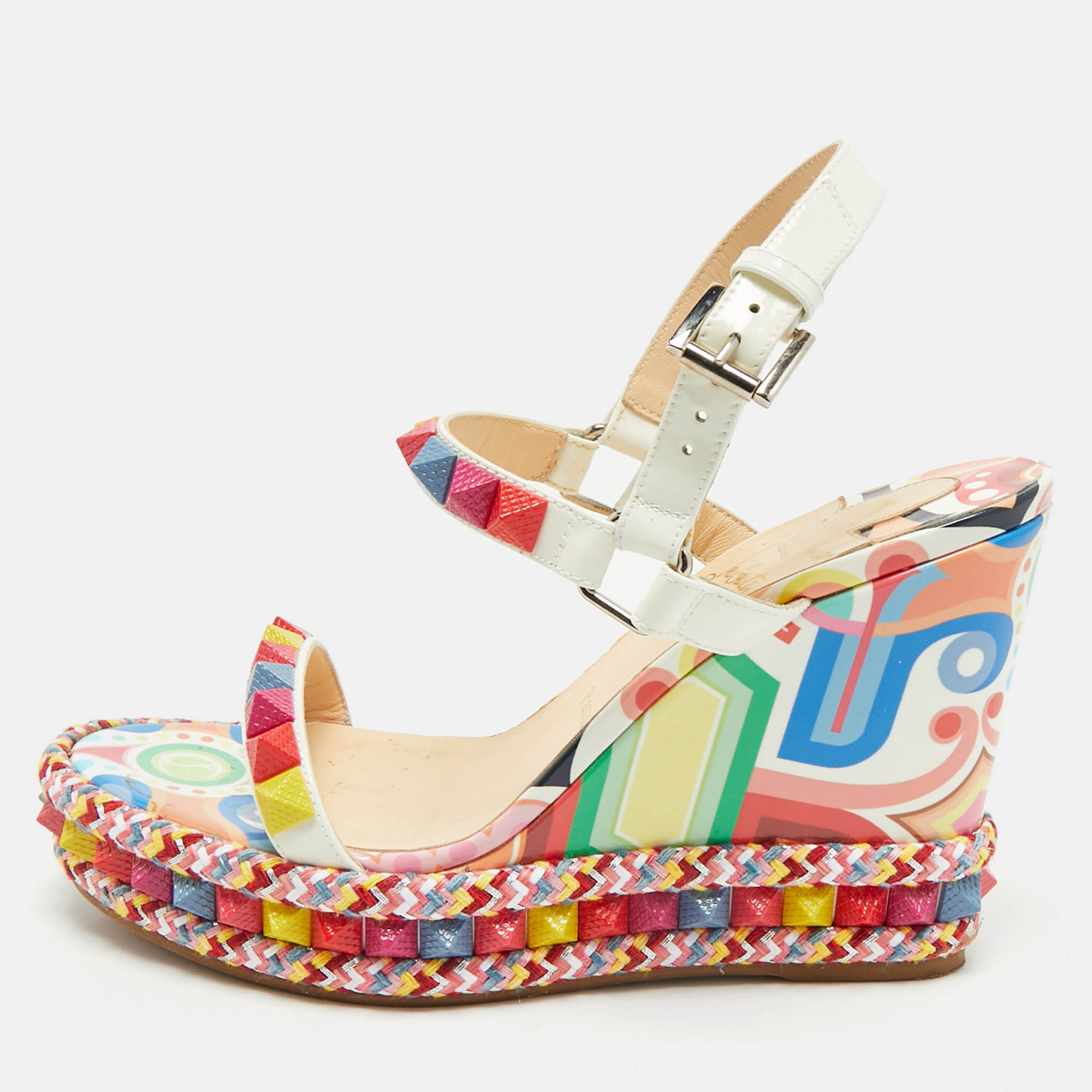 

Christian Louboutin Multicolor Patent Leather Pyraclou Wedge Sandals Size