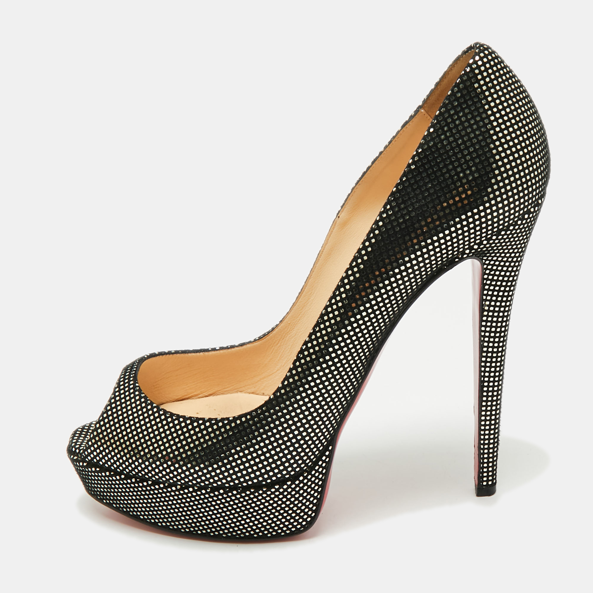 Pre-owned Christian Louboutin Black/gold Laminated Suede Platform Lady Peep Toe Pumps Size 39