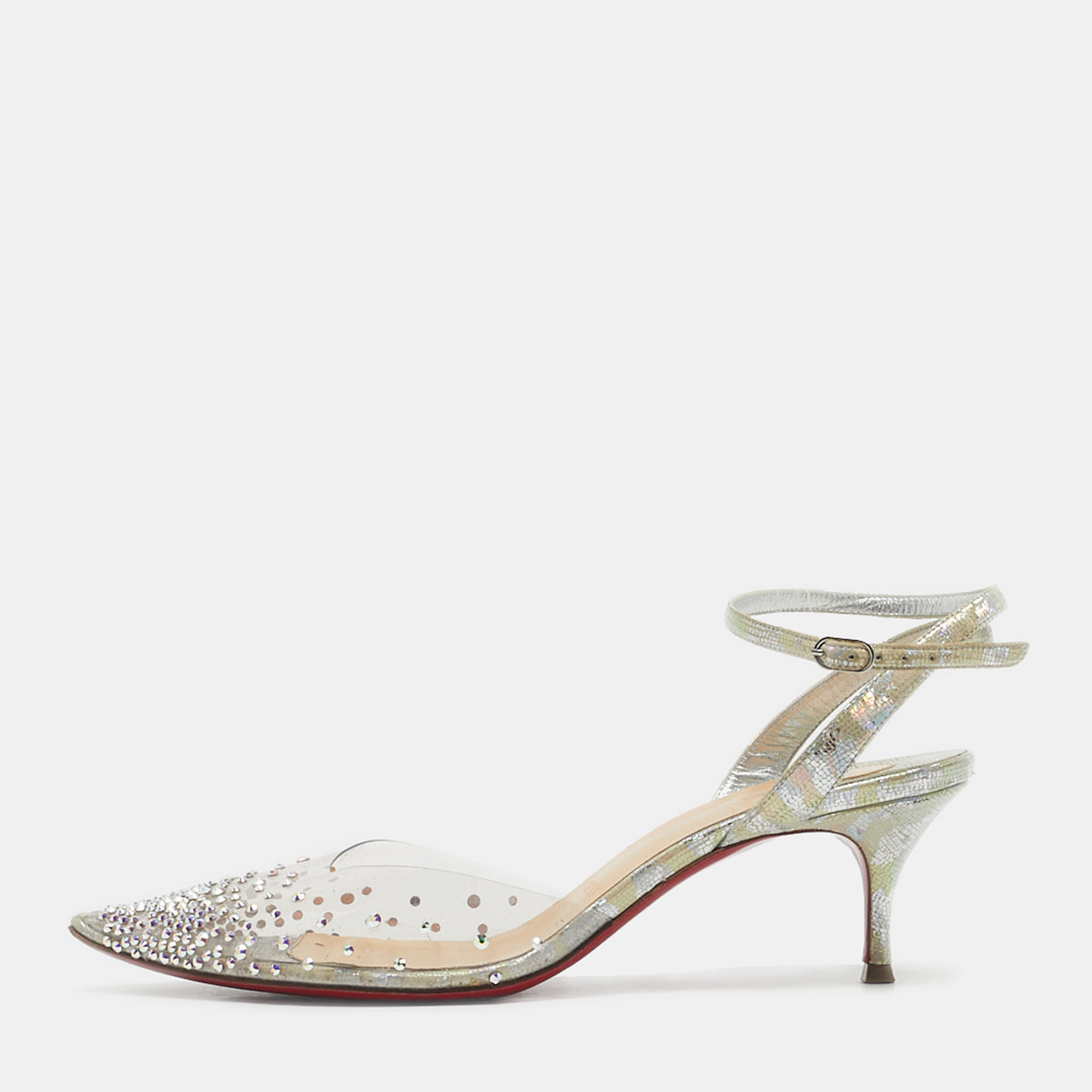 Pre-owned Christian Louboutin Silver Leather And Pvc Spikaqueen Ankle Strap Sandals Size 36.5