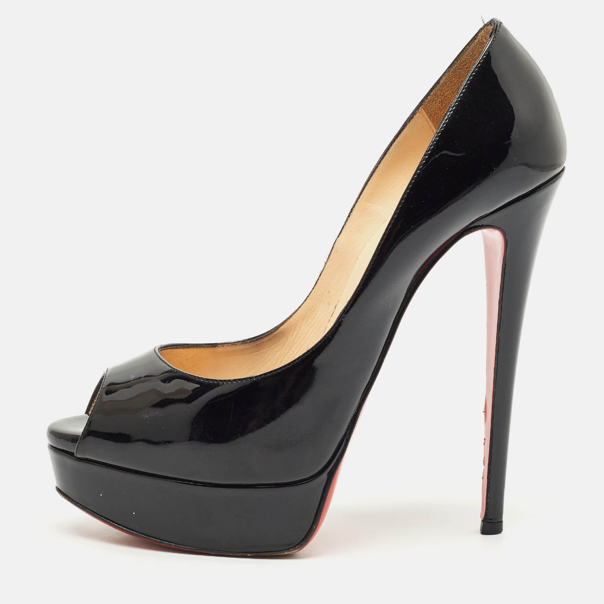 Pre-owned Christian Louboutin Black Patent Leather Lady Peep Toe Platform Pumps Size 38.5