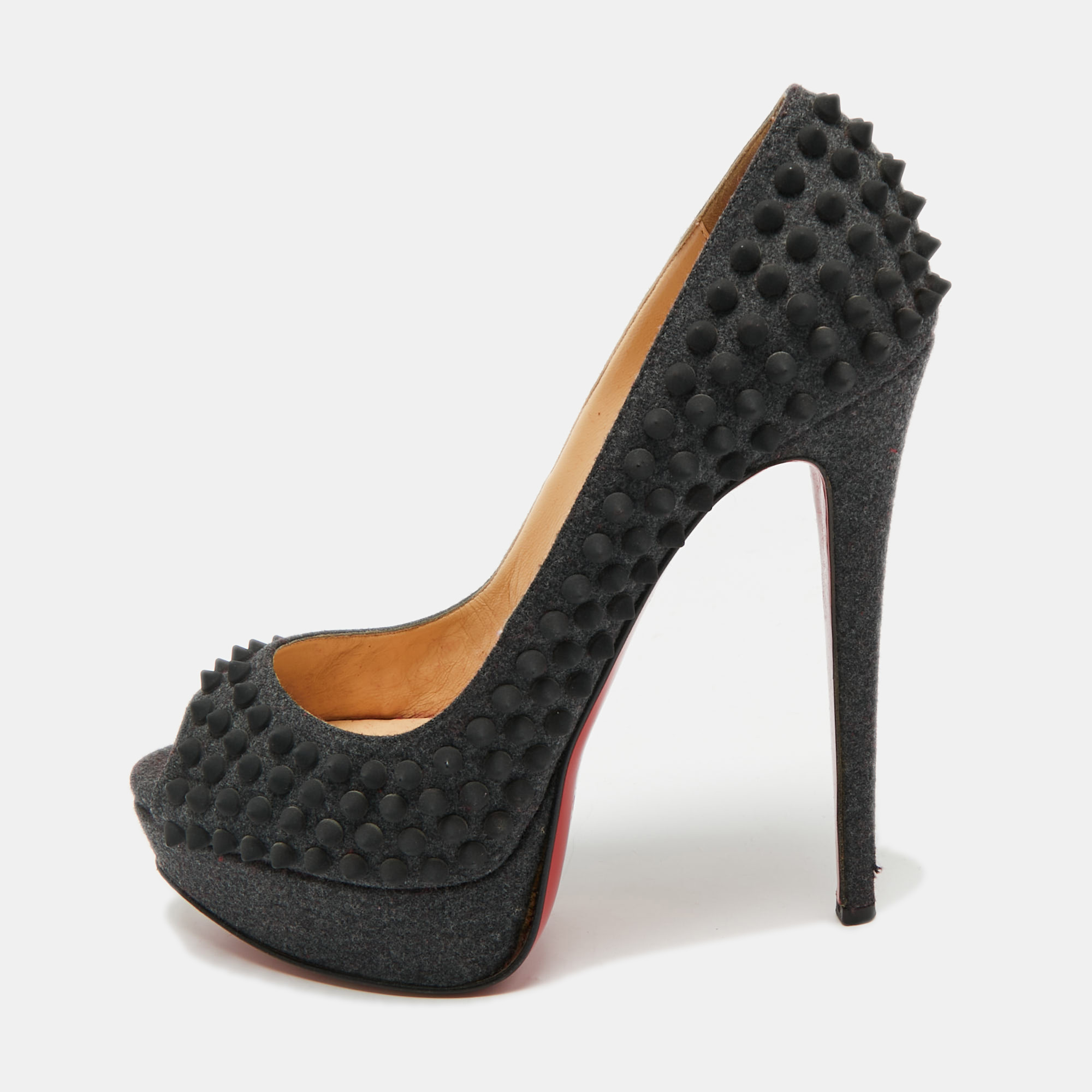 Pre-owned Christian Louboutin Dark Grey Fabric Spikes Lady Peep Toe Platform Pumps Size 39.5 In Gray