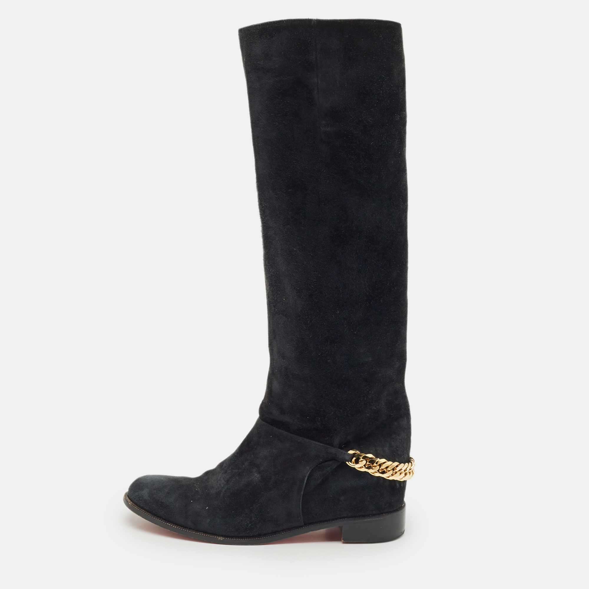 

Christian Louboutin Navy Blue Suede Cate Chain-Trimmed Calf-Length Boots Size, Grey